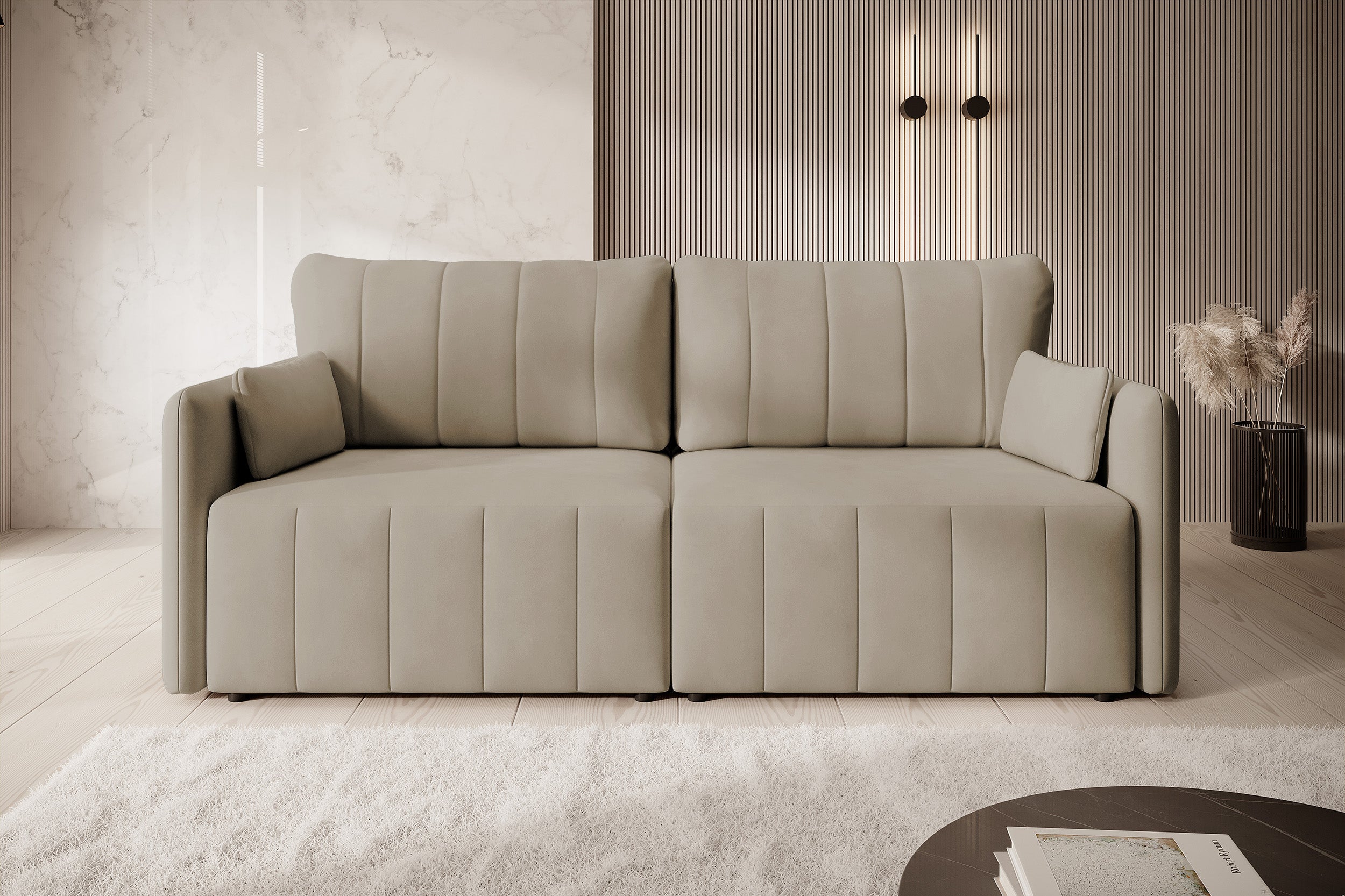 Ausziehbare Eckcouch Pierra mit Stauraum, beige, wasserabweisender Samt