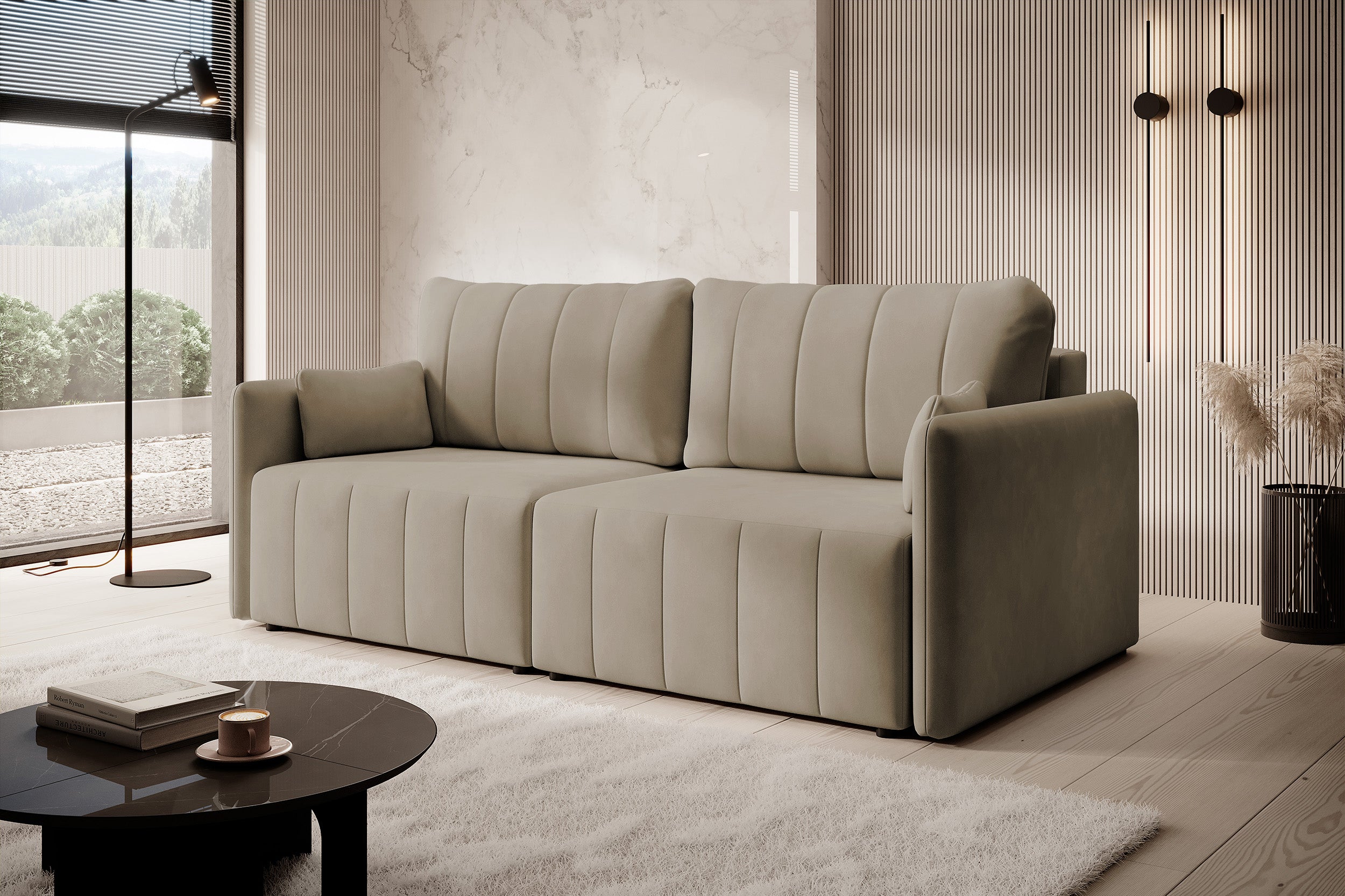Ausziehbare Eckcouch Pierra mit Stauraum, beige, wasserabweisender Samt