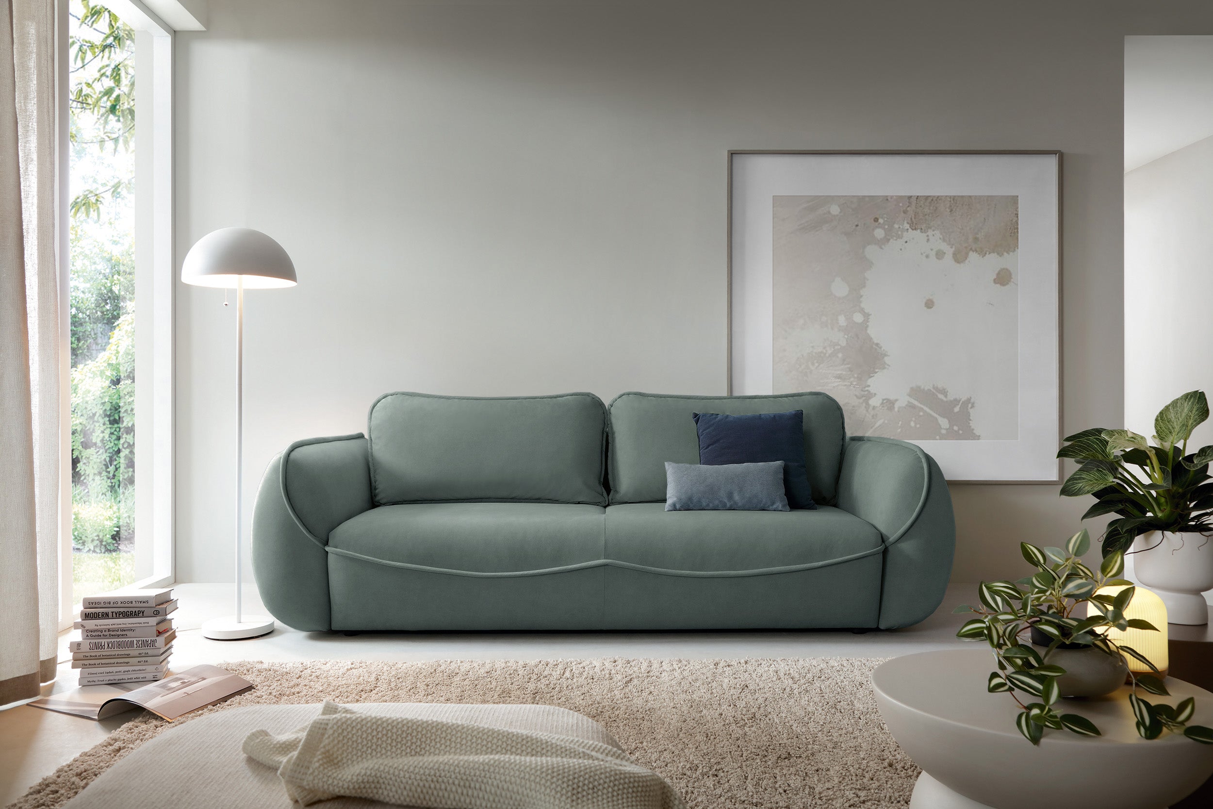 Drei-Sitzer-Schlafsofa Cutie mit Stauraum, Salbeigrüner Velours, pflegeleicht