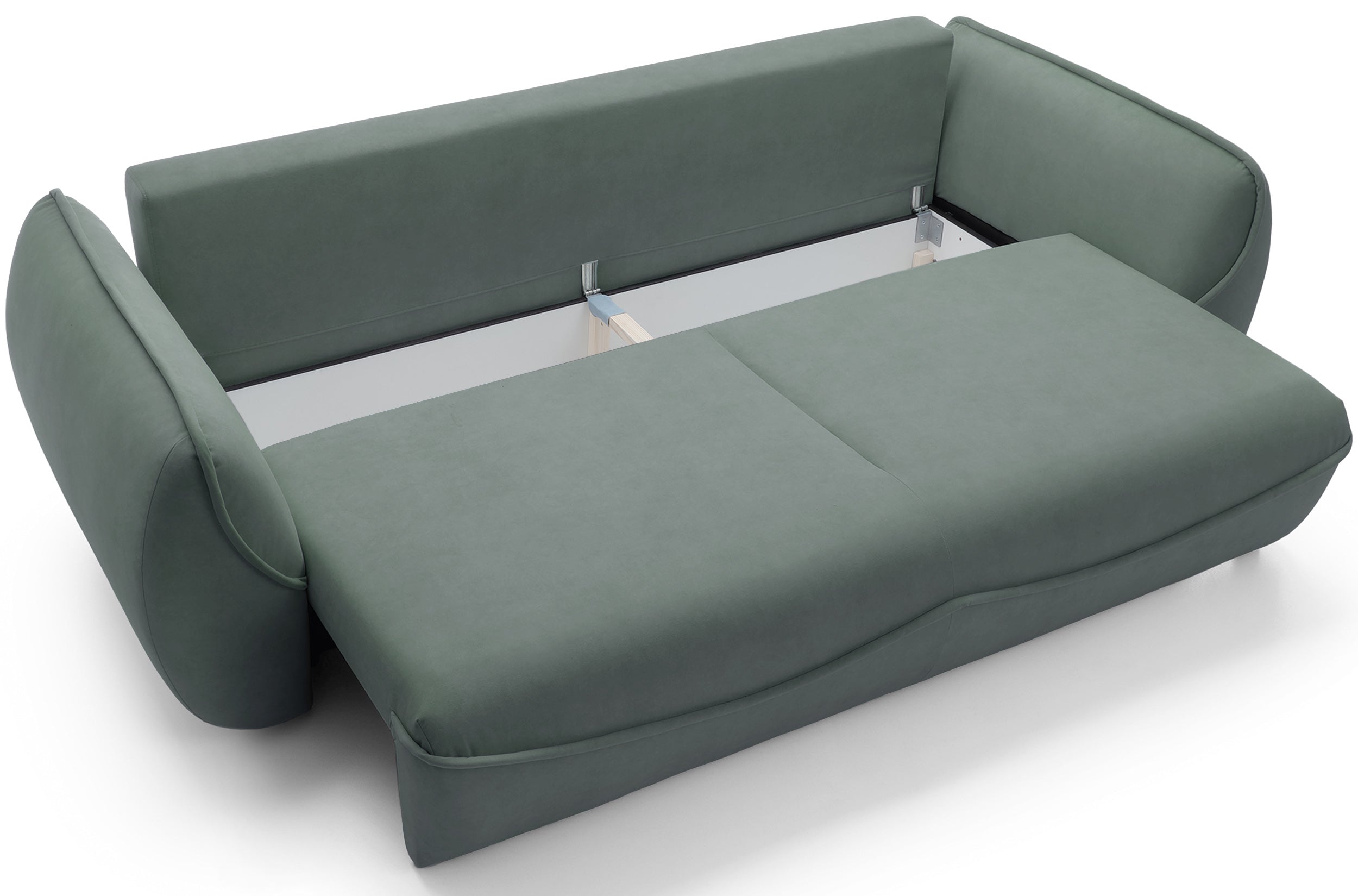 Drei-Sitzer-Schlafsofa Cutie mit Stauraum, Salbeigrüner Velours, pflegeleicht