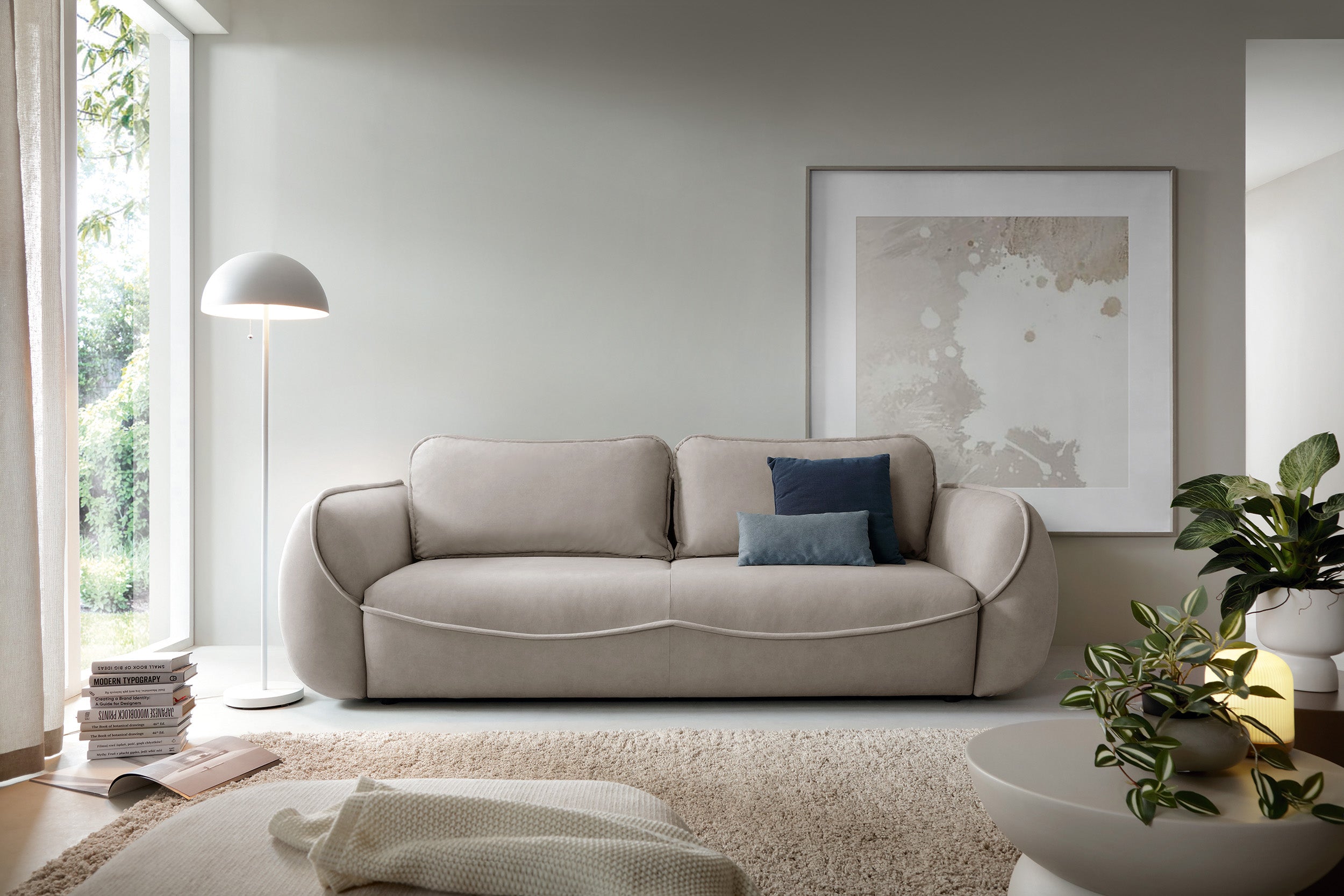 Drei-Sitzer-Schlafsofa Cutie mit Stauraum, beige, pflegeleichter Samtstoff