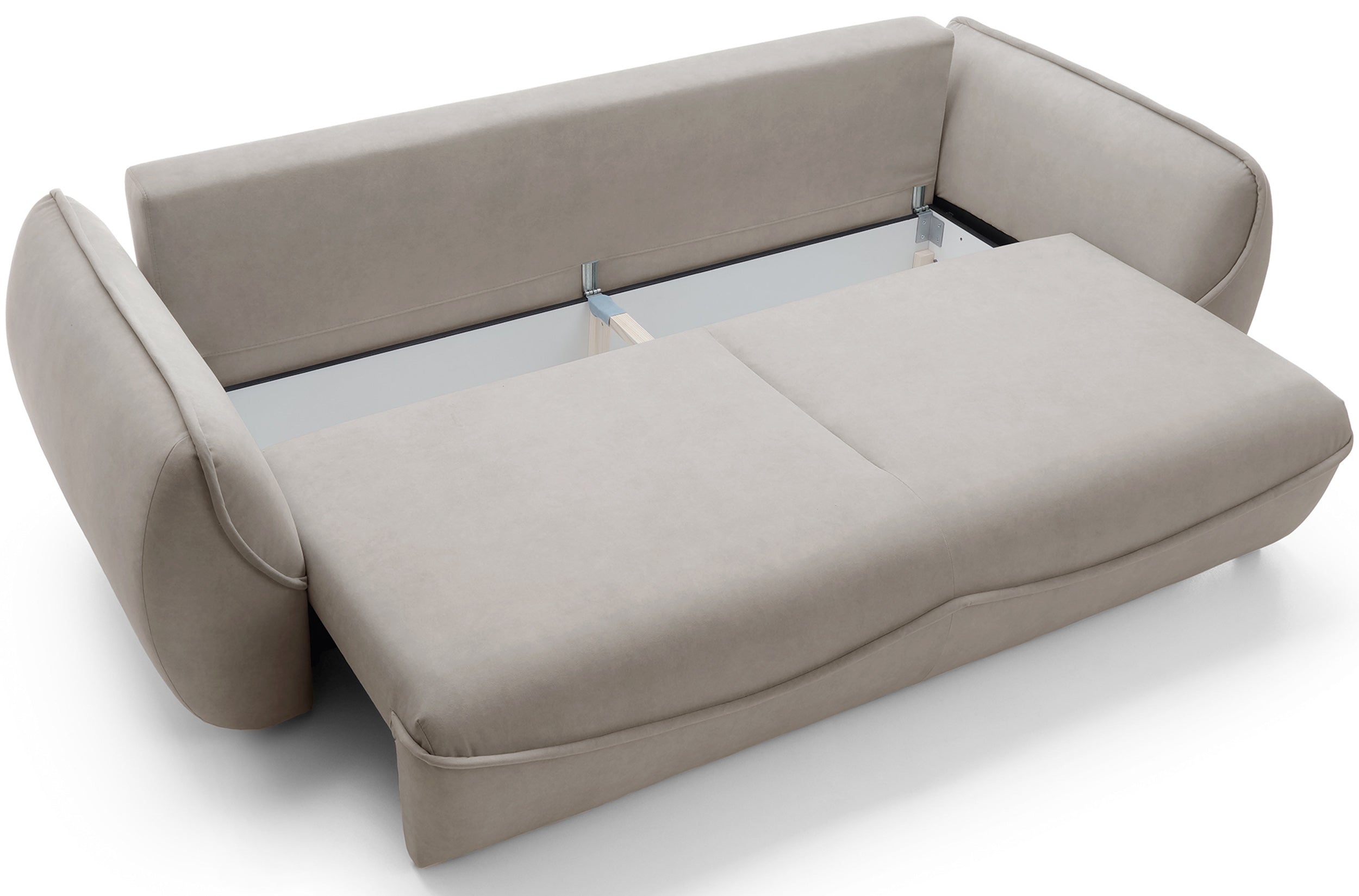 Drei-Sitzer-Schlafsofa Cutie mit Stauraum, beige, pflegeleichter Samtstoff