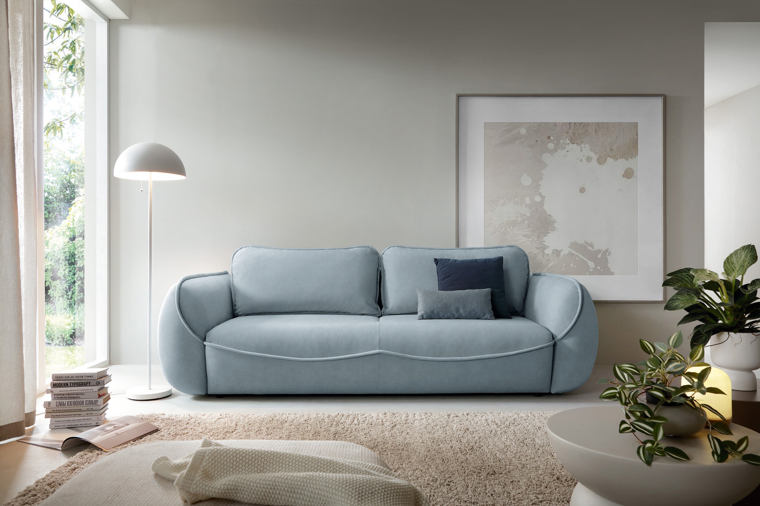 Dreisitziges ausklappbares Sofa Cutie mit Stauraum, hellblauer Samt, pflegeleicht