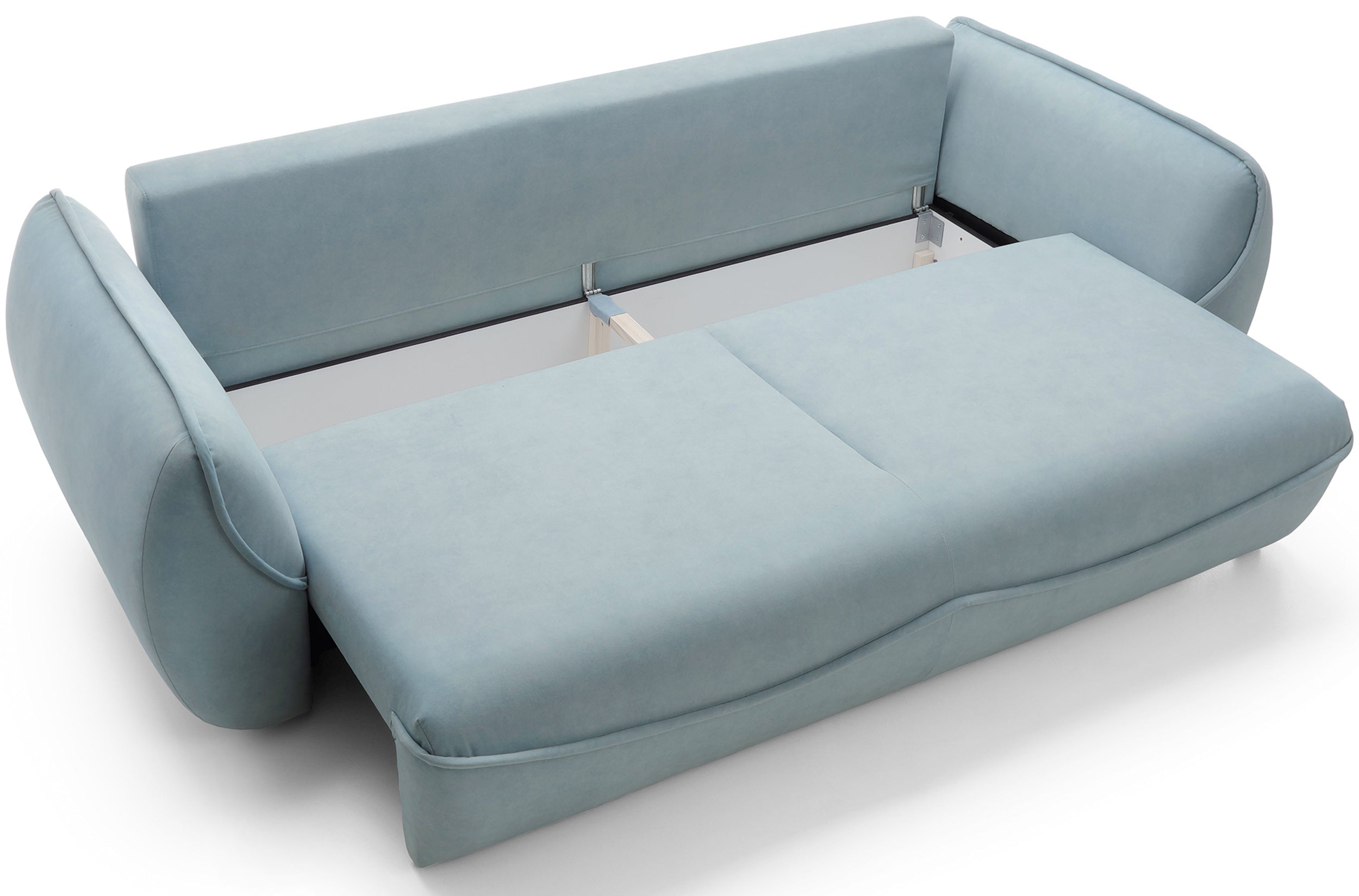 Dreisitziges ausklappbares Sofa Cutie mit Stauraum, hellblauer Samt, pflegeleicht