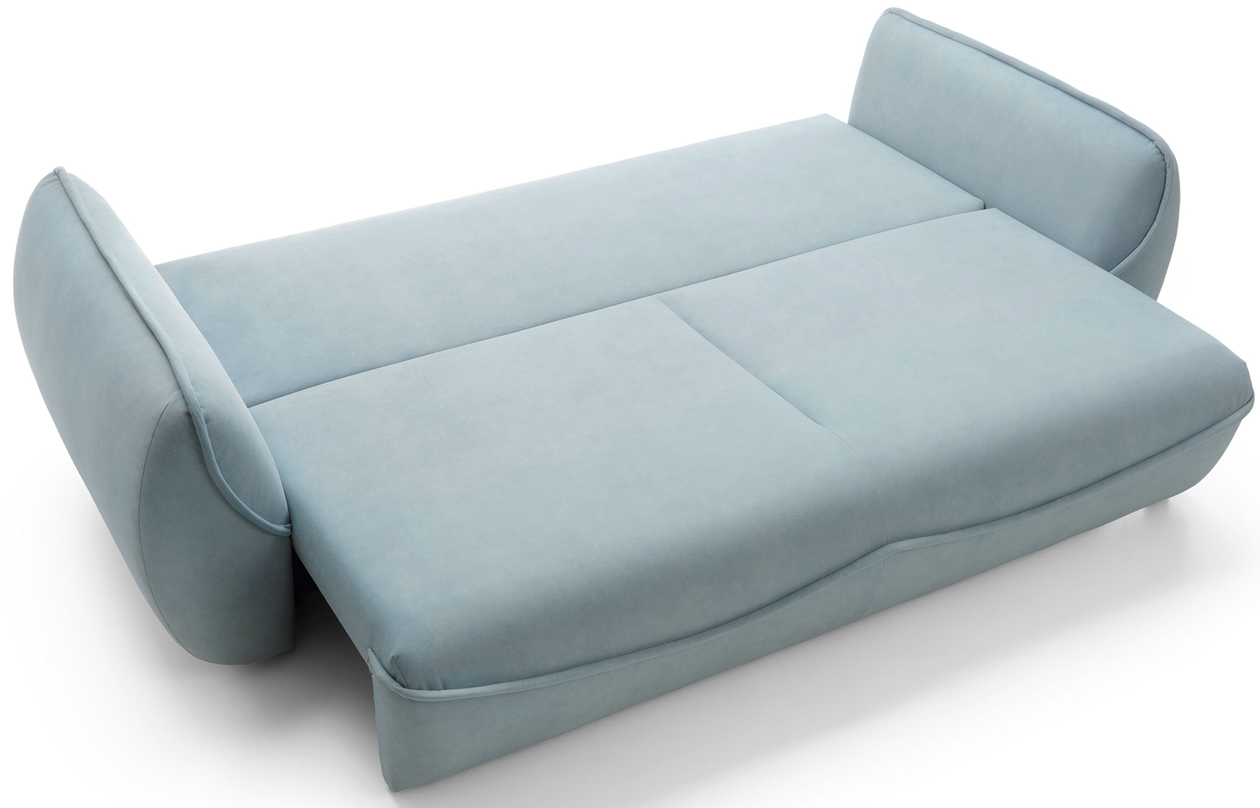 Dreisitziges ausklappbares Sofa Cutie mit Stauraum, hellblauer Samt, pflegeleicht