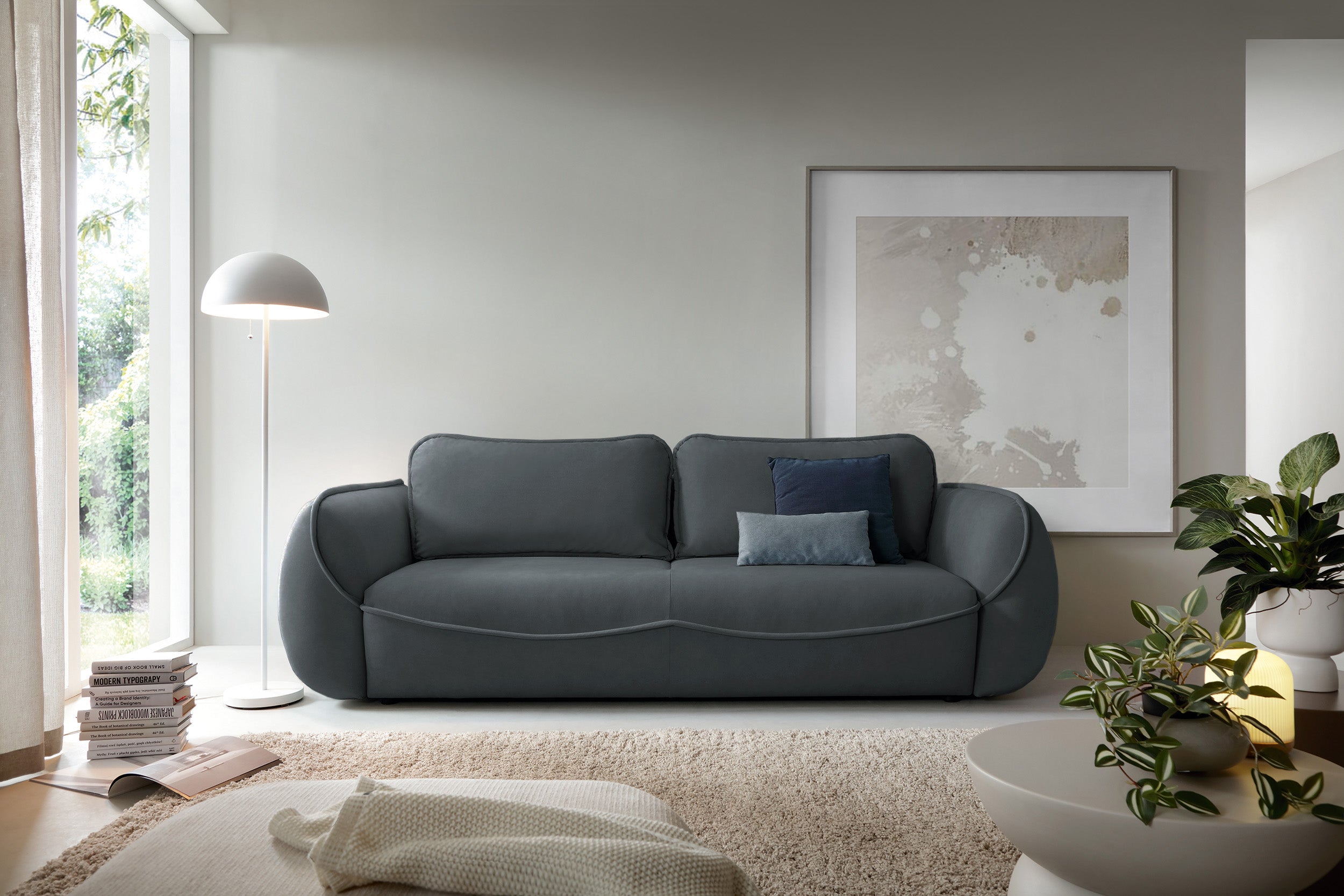 Dreisitziges Schlafsofa Cutie mit Stauraum, Graphit, Velours, pflegeleicht