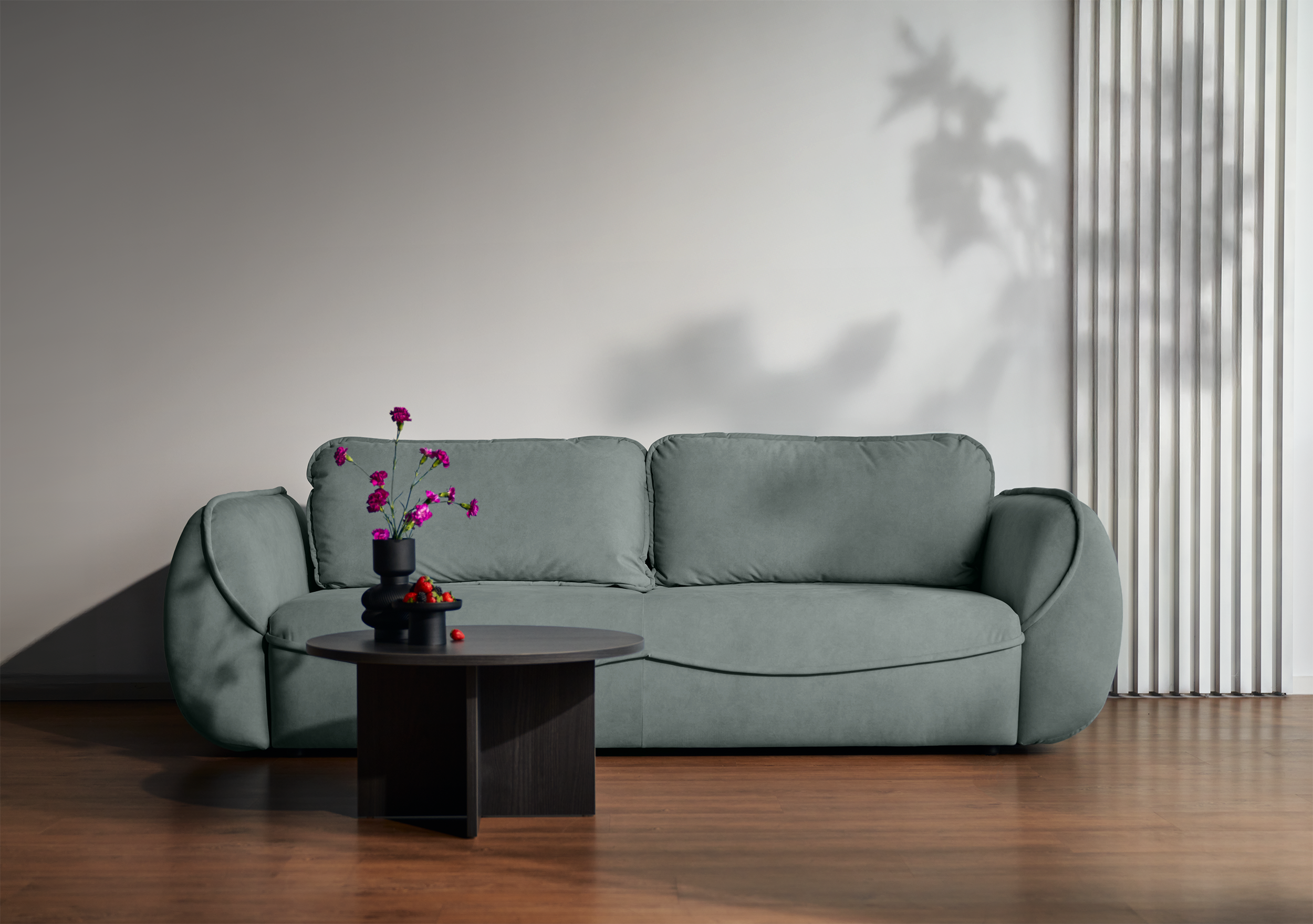 Drei-Sitzer-Schlafsofa Cutie mit Stauraum, Salbeigrüner Velours, pflegeleicht