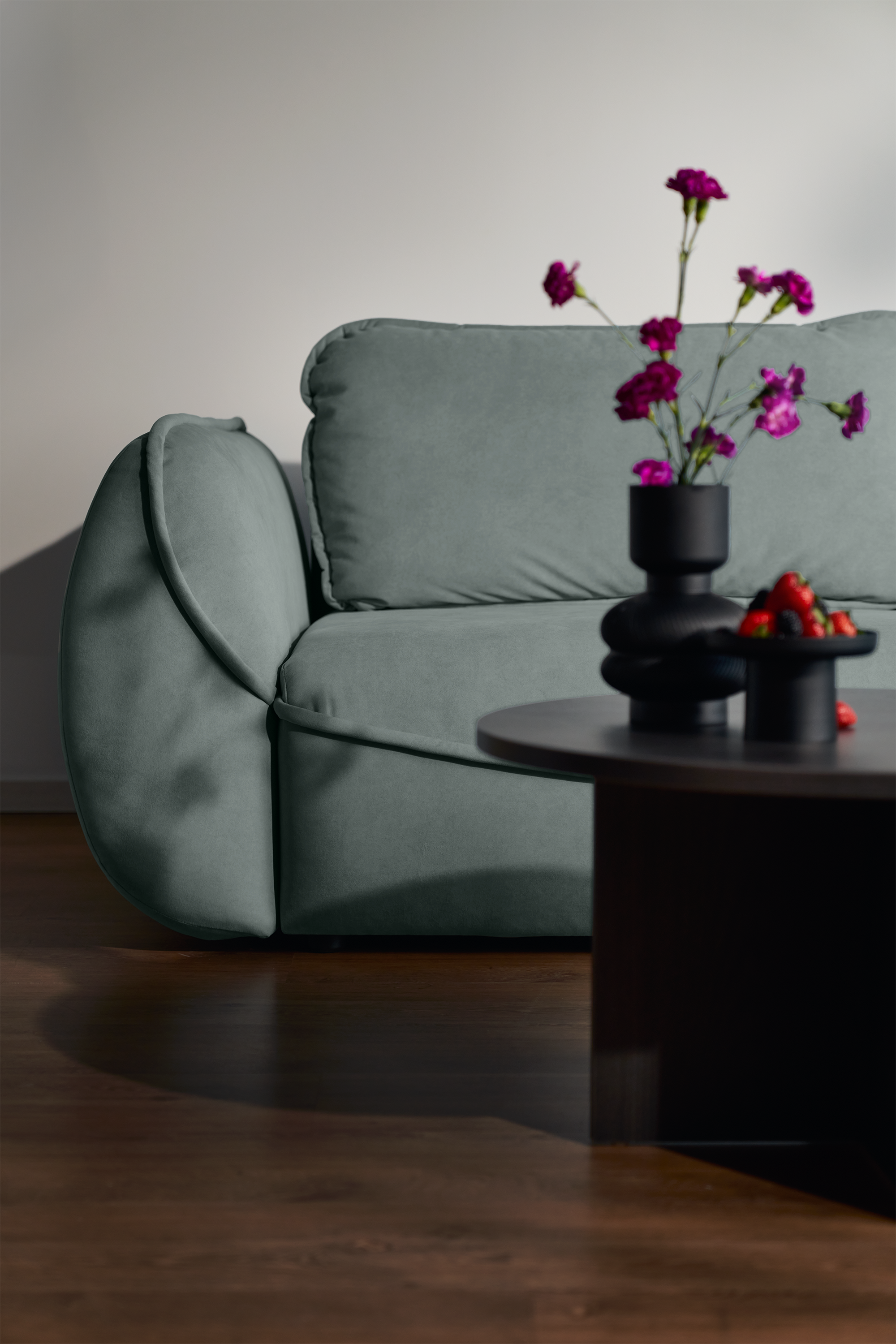 Drei-Sitzer-Schlafsofa Cutie mit Stauraum, Salbeigrüner Velours, pflegeleicht