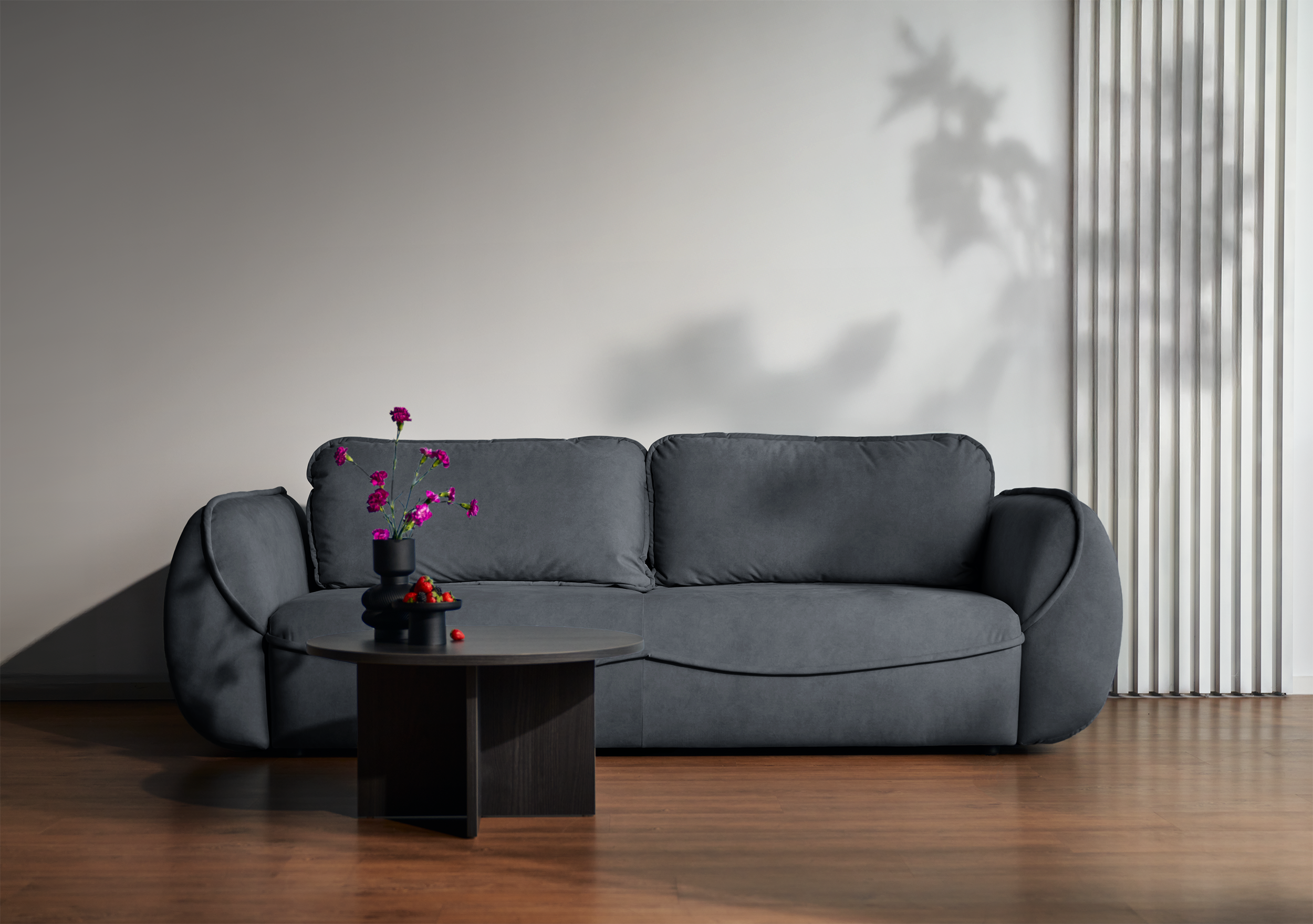 Dreisitziges Schlafsofa Cutie mit Stauraum, Graphit, Velours, pflegeleicht