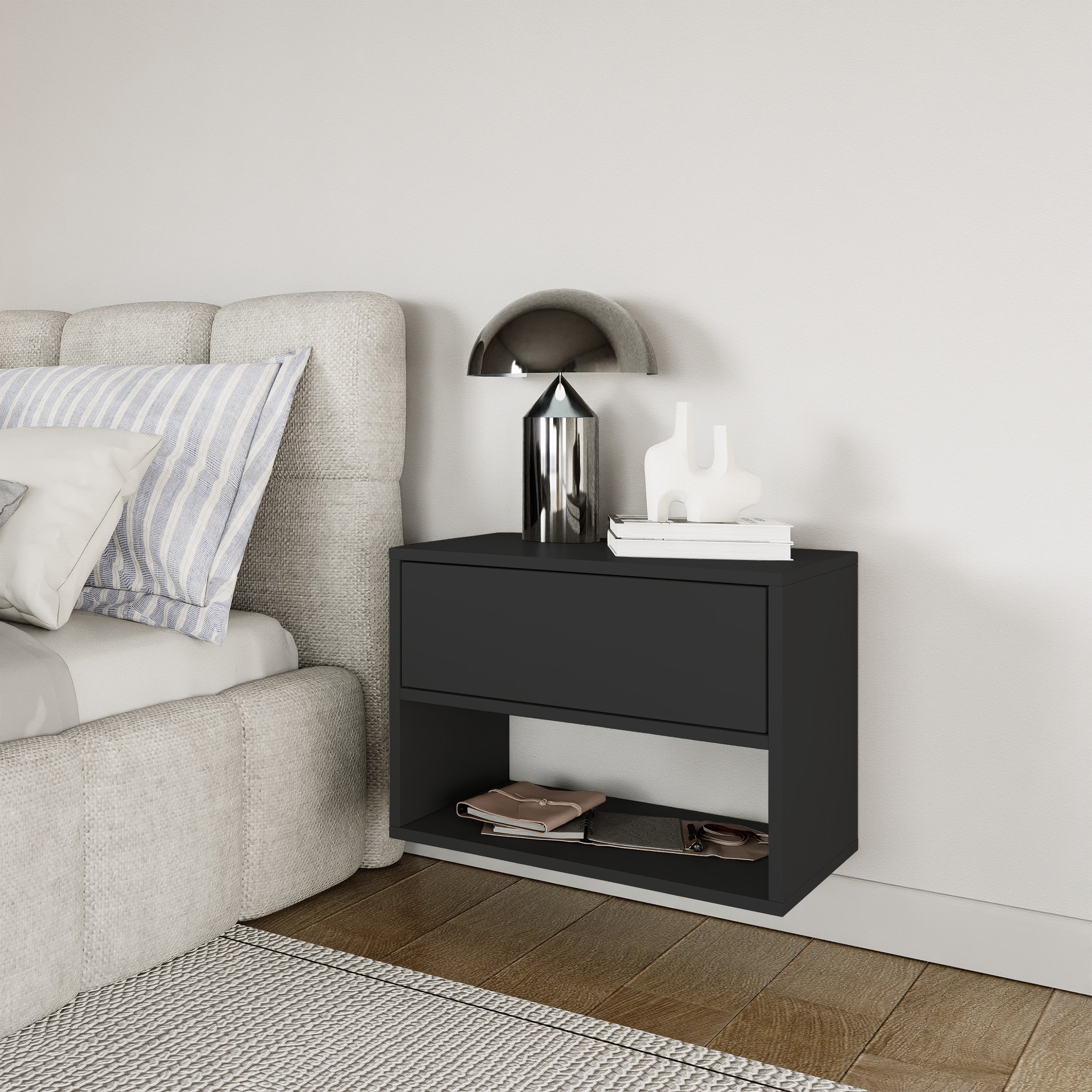 Hängender Nachttisch Framme mit Schublade und Fach, 50 cm, schwarz