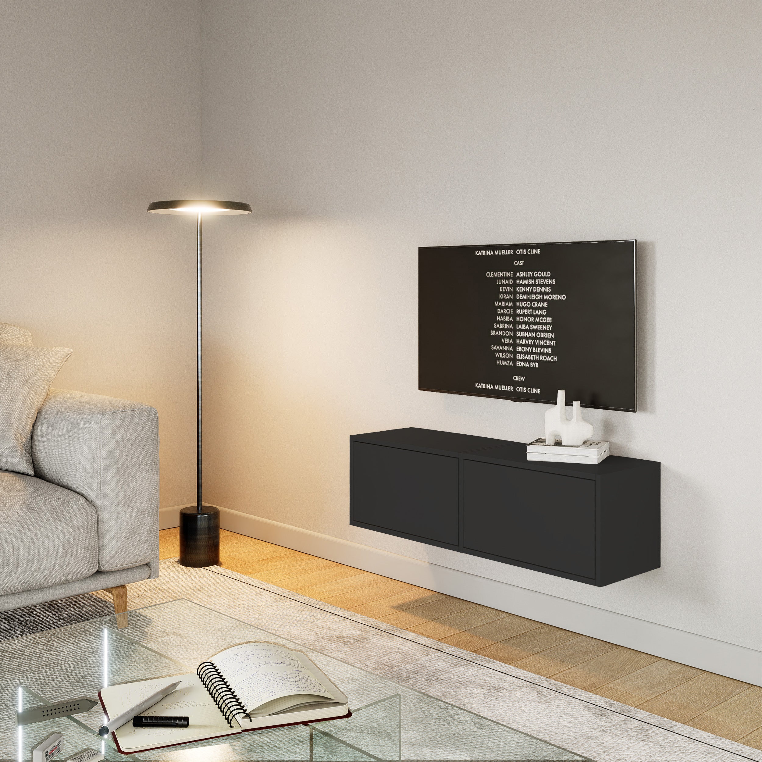 Hängender TV-Schrank Framme mit zwei Klappen, 100 cm, schwarz