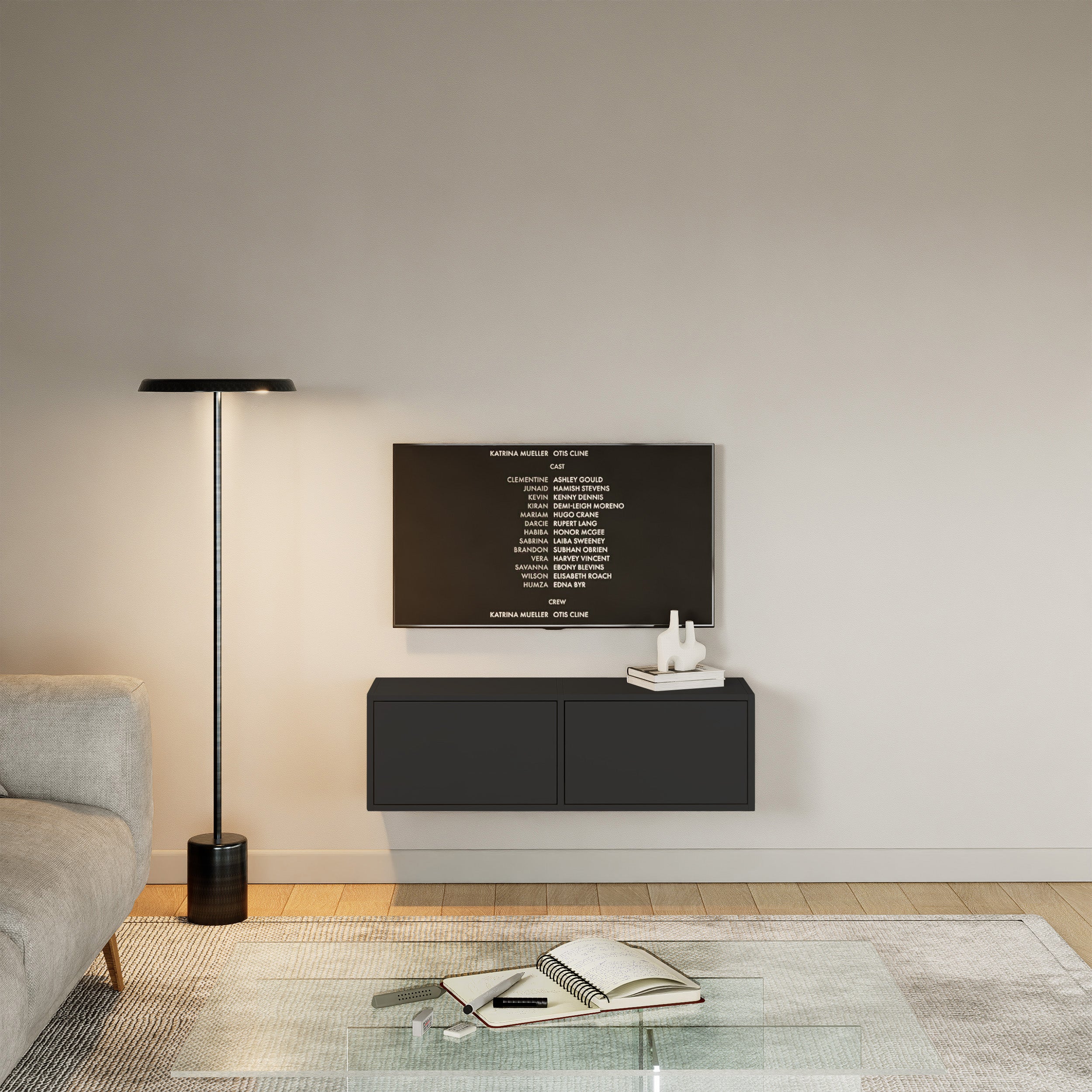 Hängender TV-Schrank Framme mit zwei Klappen, 100 cm, schwarz
