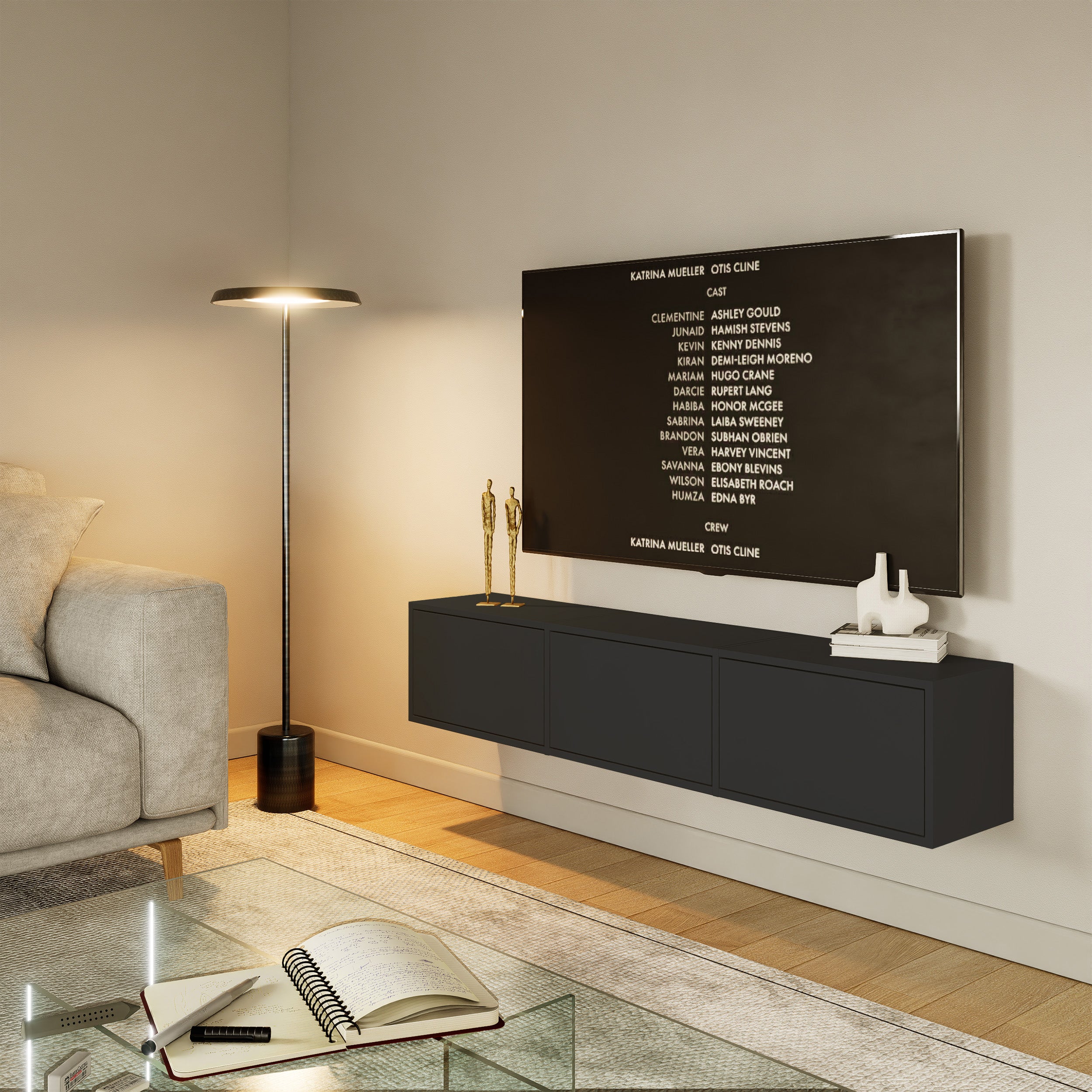 Hängender TV-Schrank Framme mit drei Klappen, 150 cm, schwarz