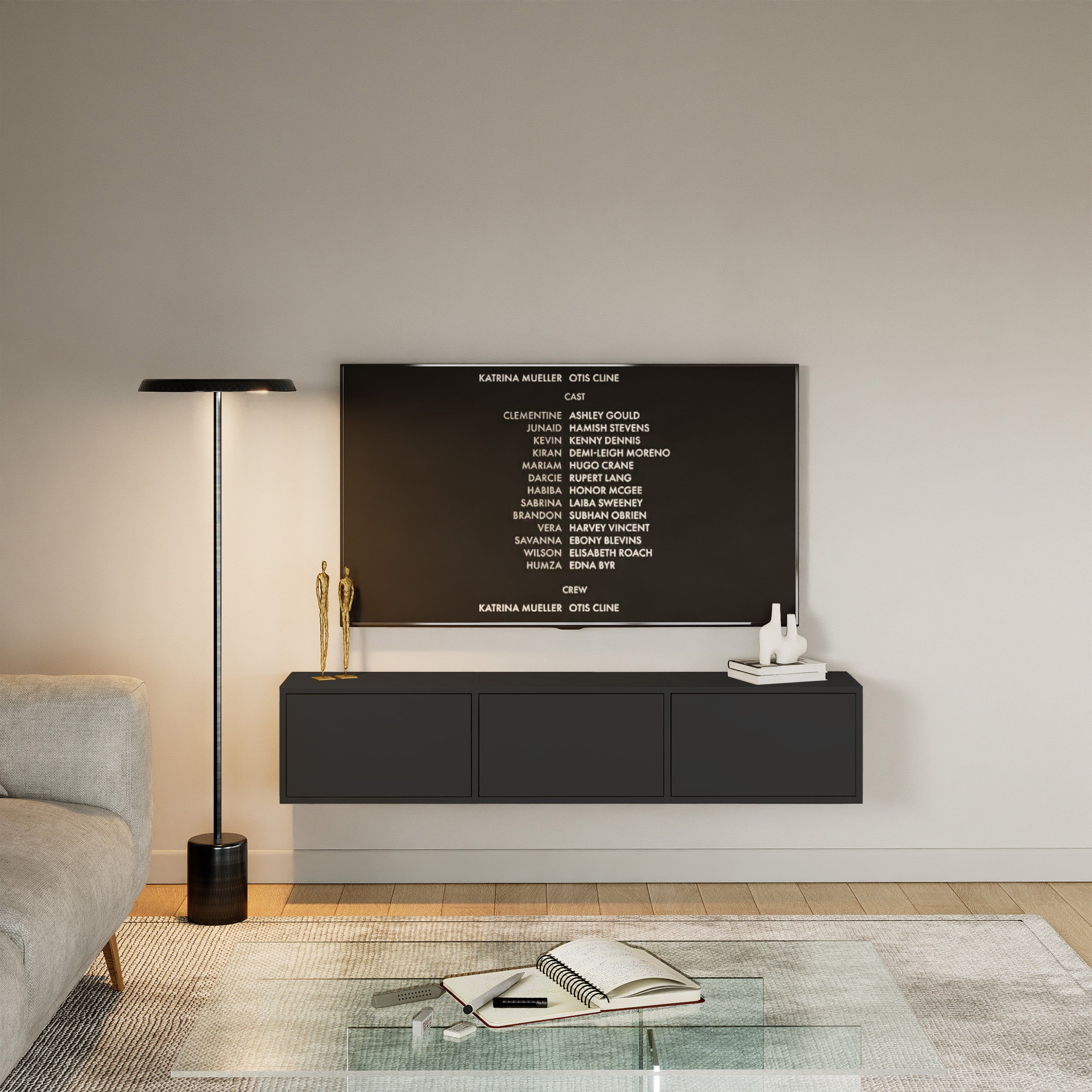 Hängender TV-Schrank Framme mit drei Klappen, 150 cm, schwarz