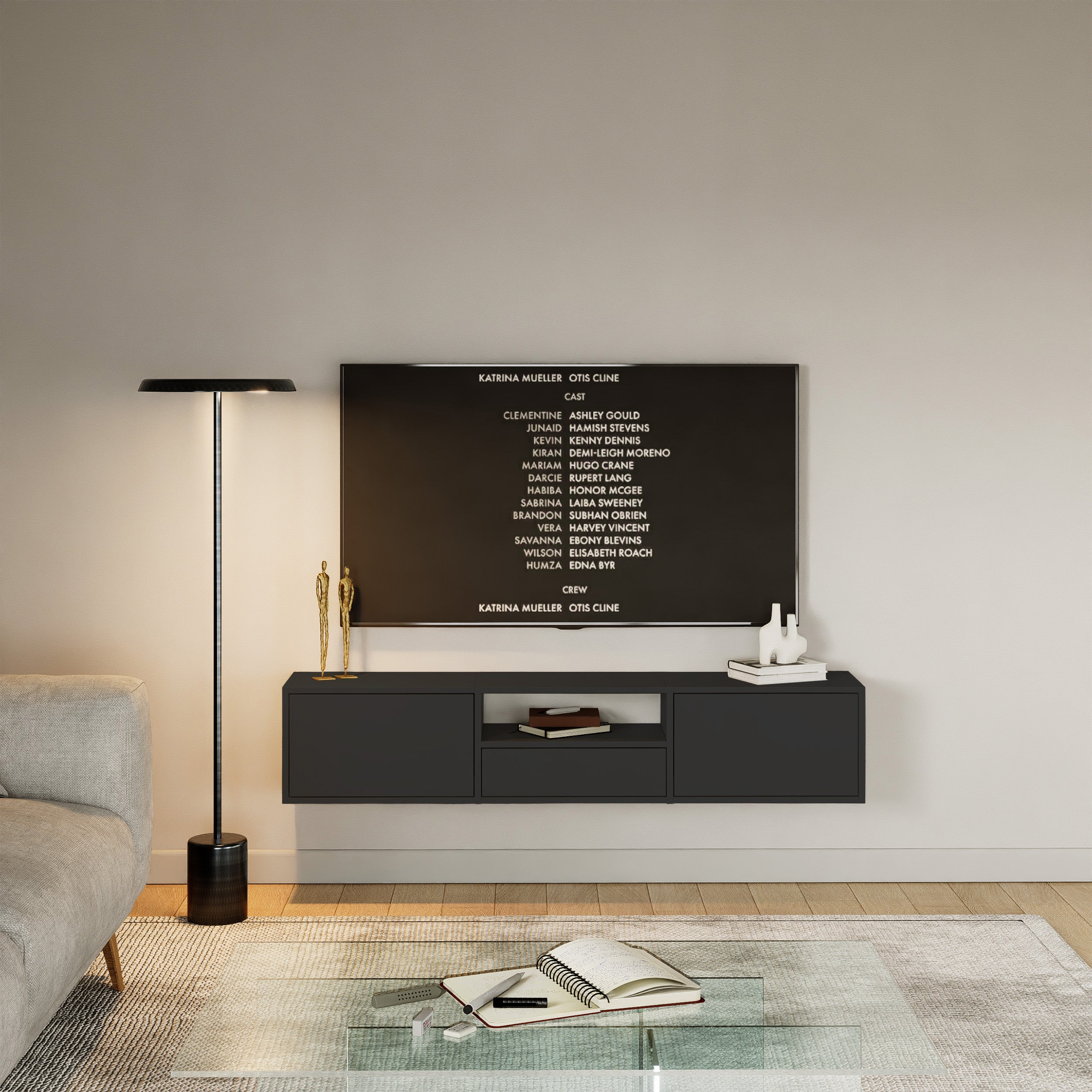 Hängender TV-Schrank Framme mit drei Klappen und Fach, 150 cm, schwarz