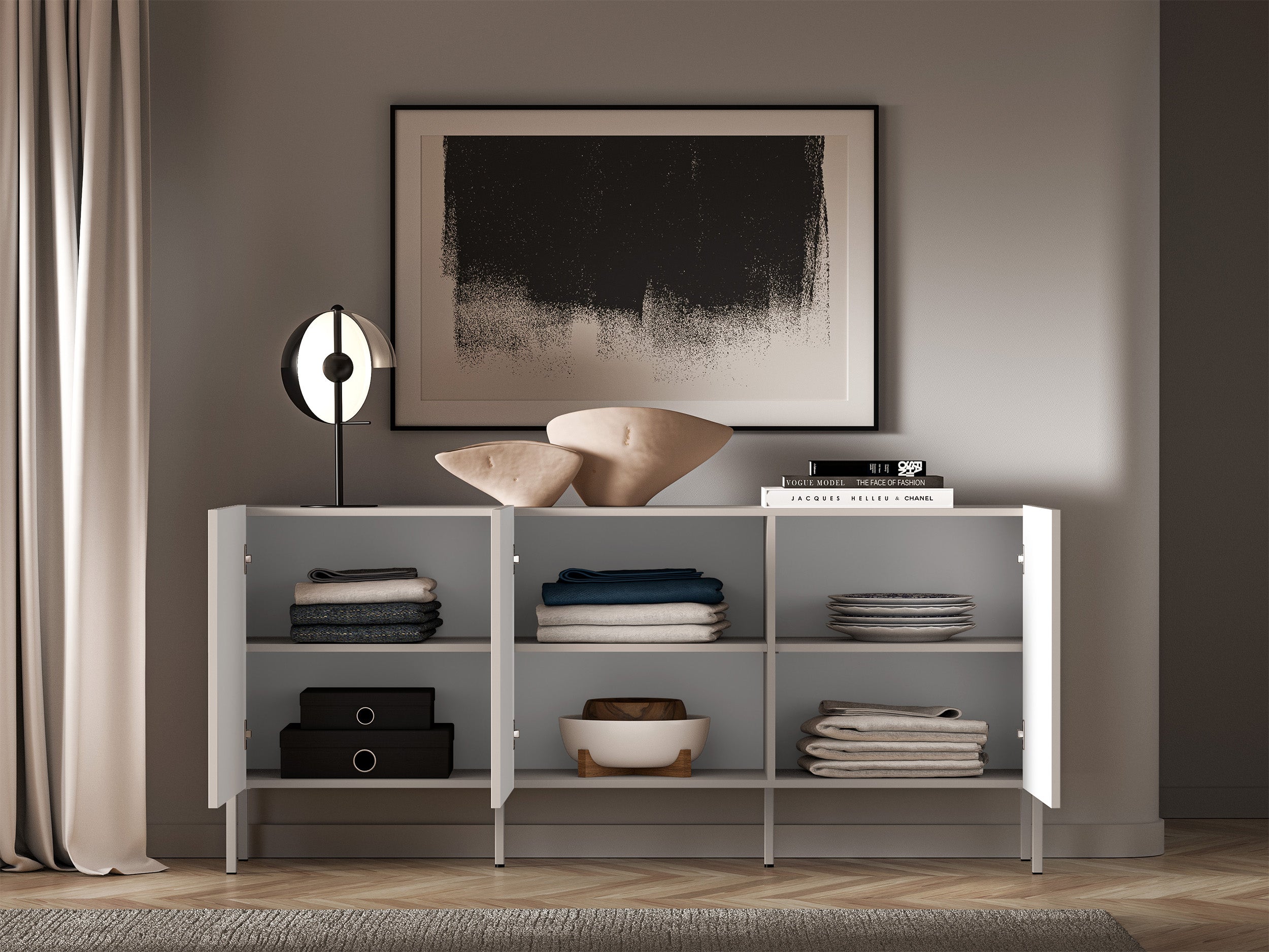 Drehtür-Kommode Derriva mit gerillten Fronten, 170 cm, Kaschmir