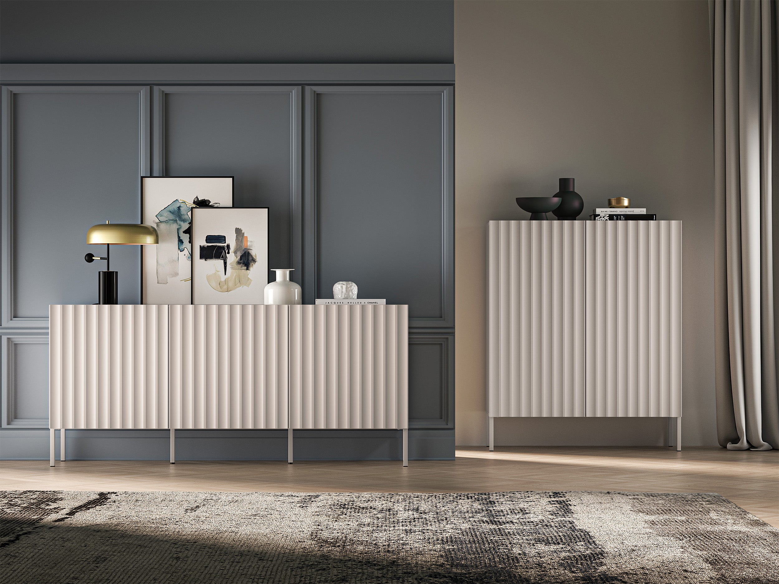 Drehtür-Kommode Derriva mit gerillten Fronten, 170 cm, Kaschmir