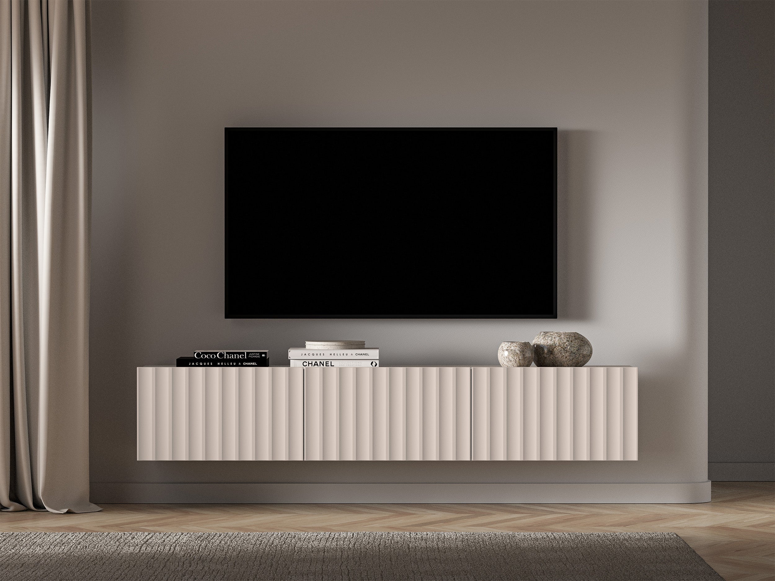 Hängender TV-Schrank Derriva mit geriffelten Fronten, 170 cm, Kaschmirfarben
