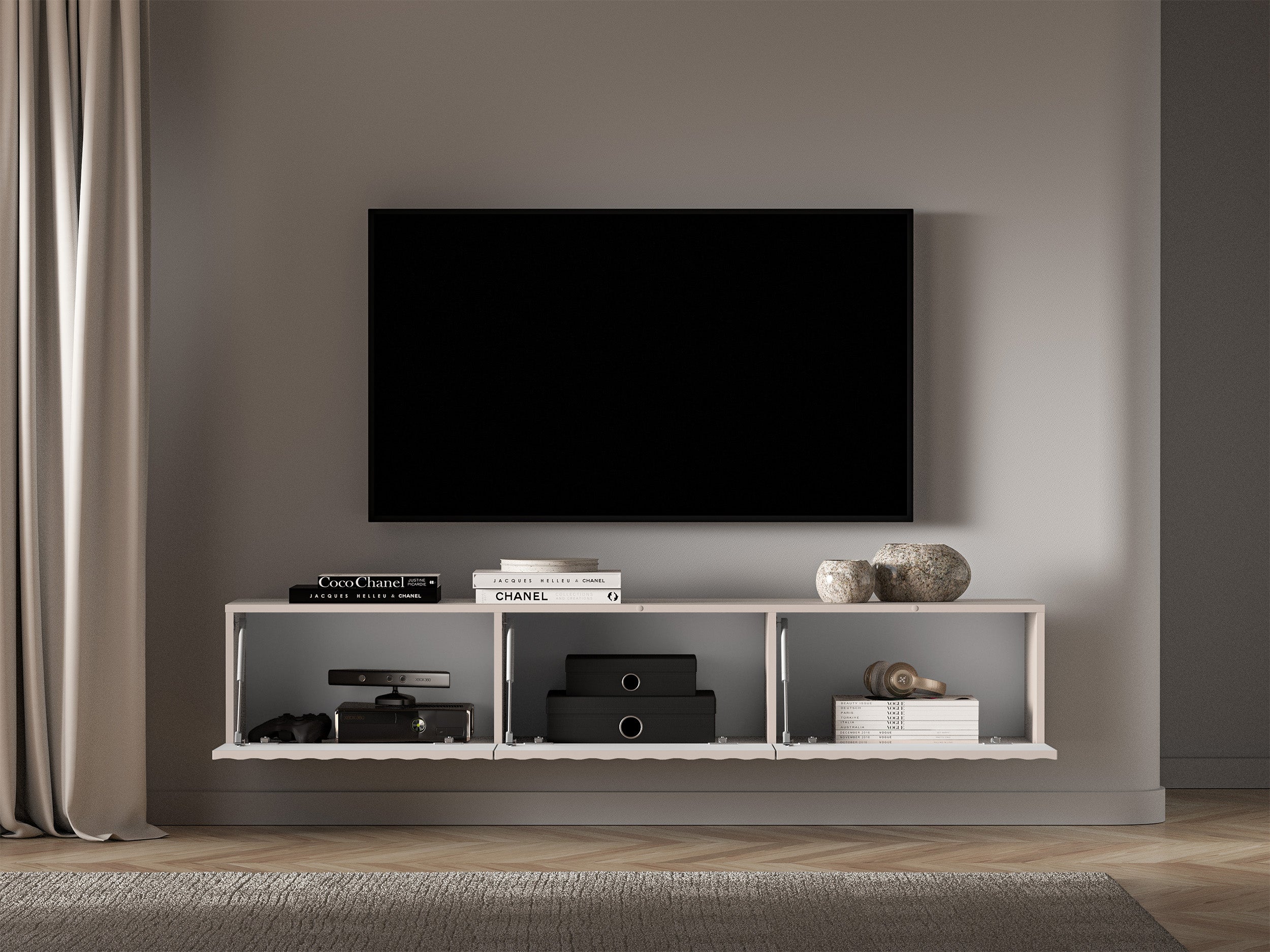 Hängender TV-Schrank Derriva mit geriffelten Fronten, 170 cm, Kaschmirfarben