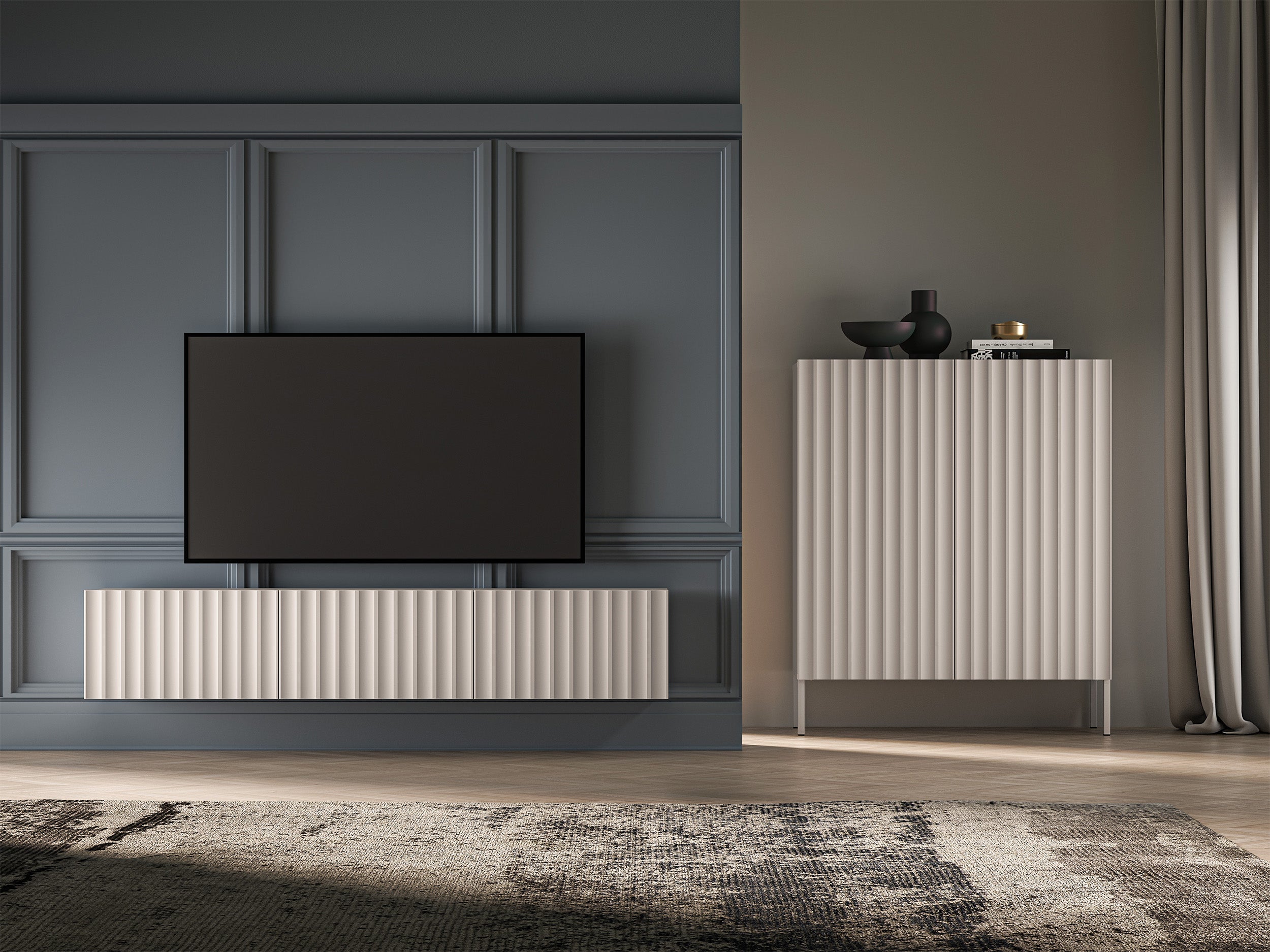 Hängender TV-Schrank Derriva mit geriffelten Fronten, 170 cm, Kaschmirfarben