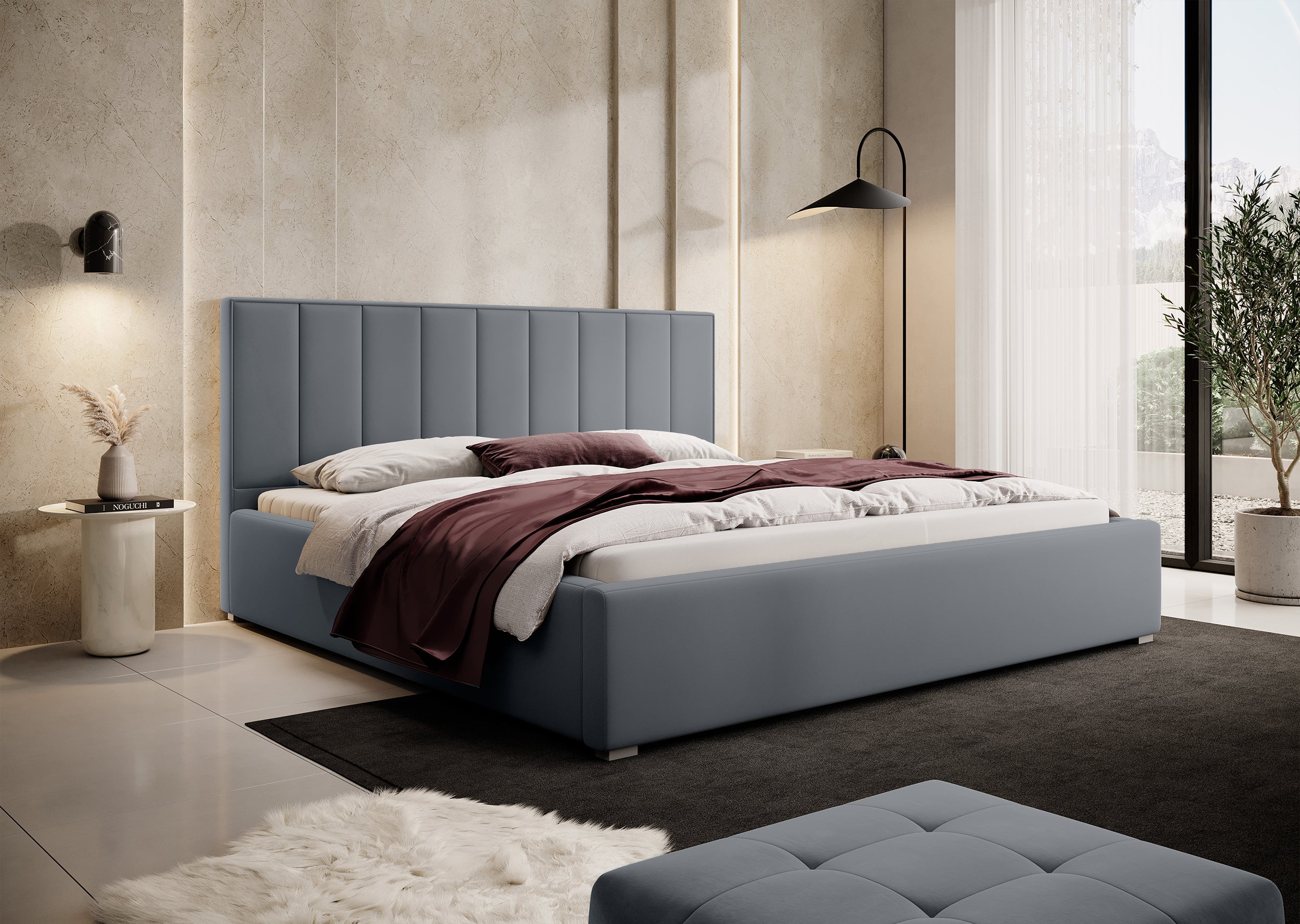Gepolstertes Bett 140x200 cm Rinus mit Stauraum, grau aus hydrophobem Stoff
