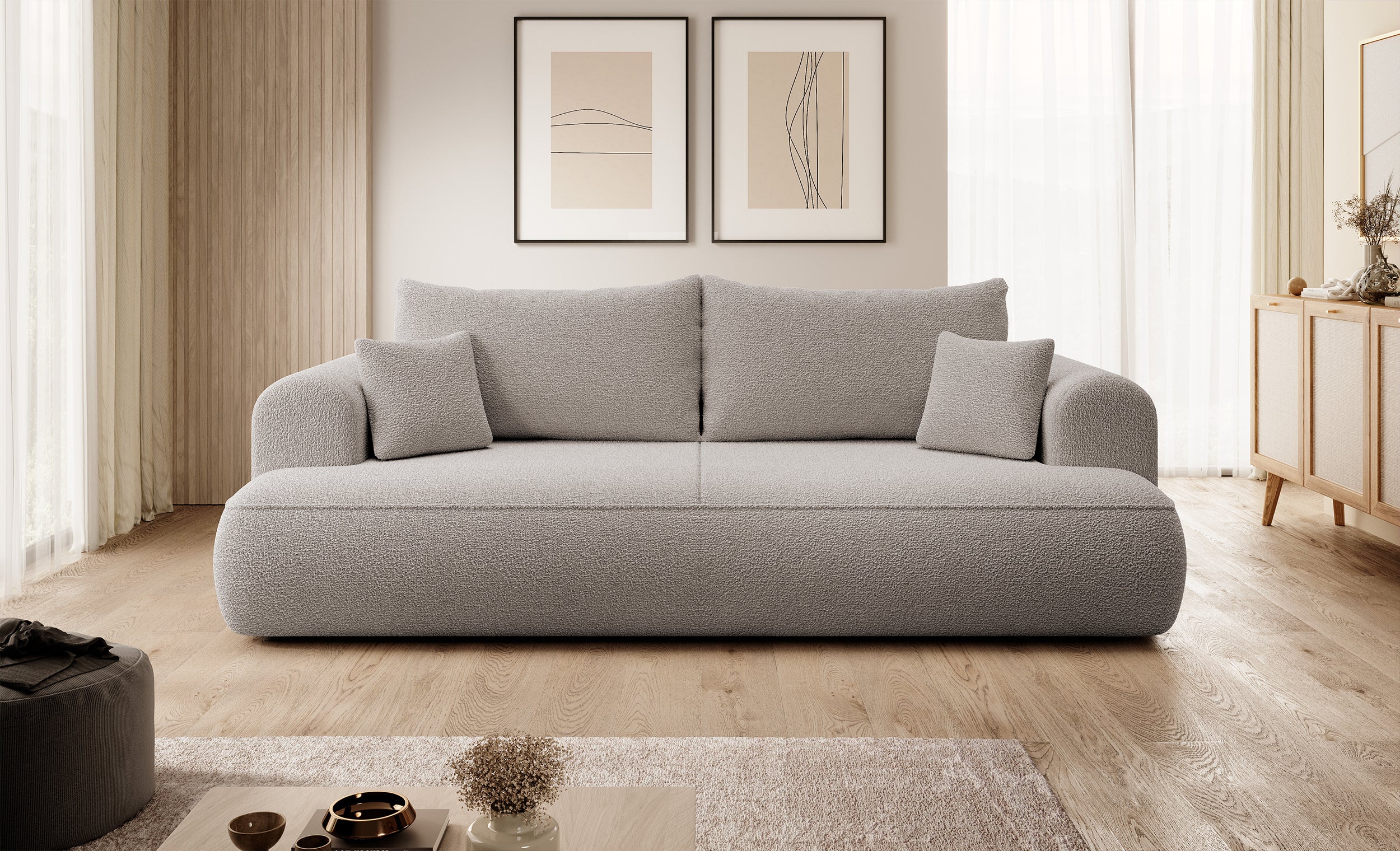 Dreisitziges ausklappbares Sofa Ovo mit Stauraum, dunkelbeiges Bouclé