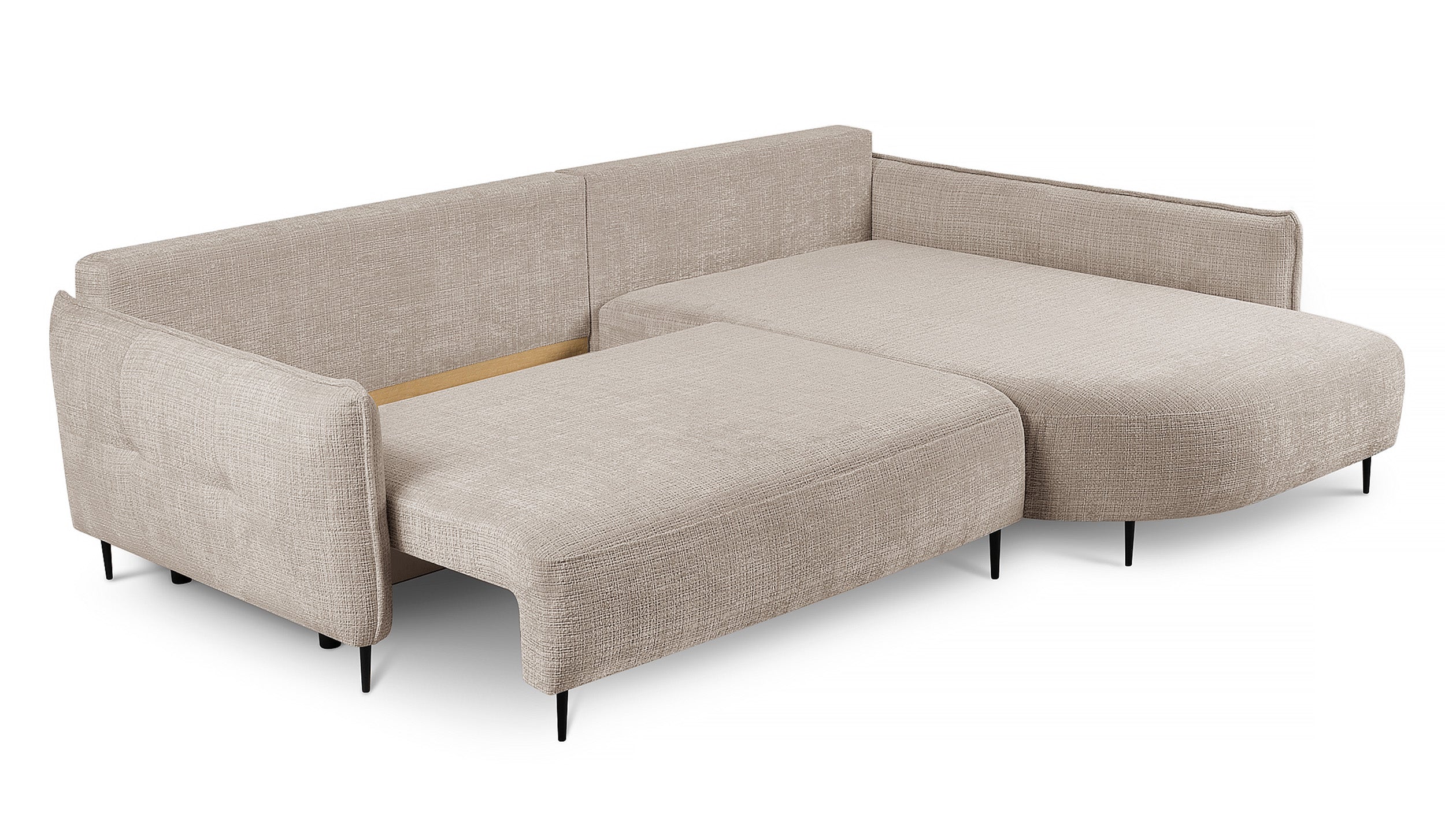 Ecksofa Oblivio mit Schlaffunktion, L-förmig, mit Stauraum, hellbeiger Chenille, rechtsseitig