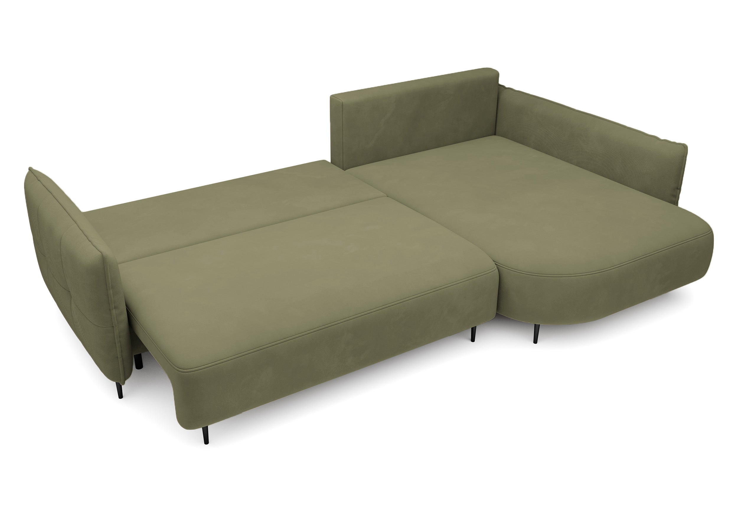 Ecksofa Oblivio mit Schlaf-Funktion, L-förmig, mit Stauraum, olivgrüner Samt, rechtsseitig, wasserabweisend