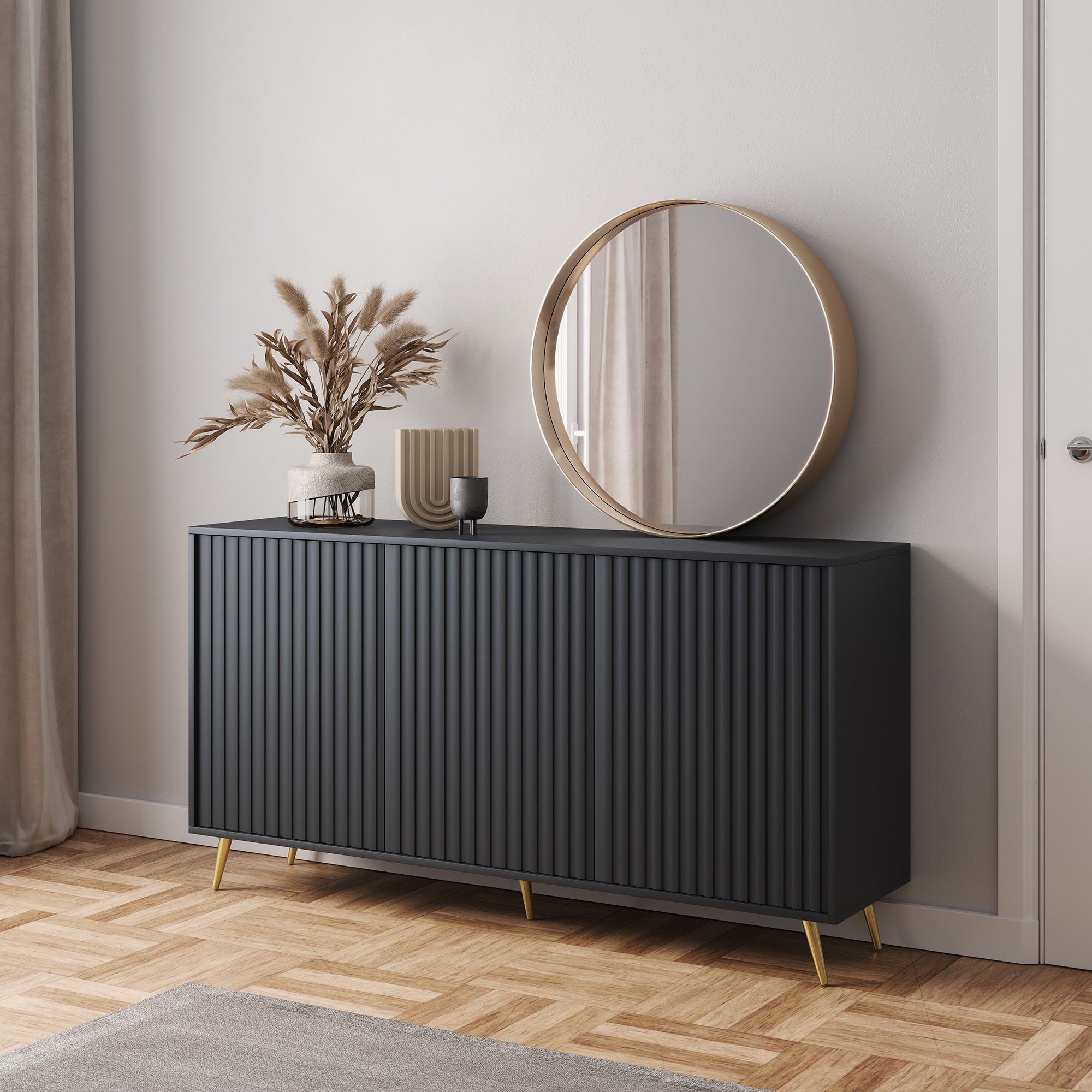 Kommode Bello mit Lamellenfronten, 154 cm, schwarz mit goldenen Beinen