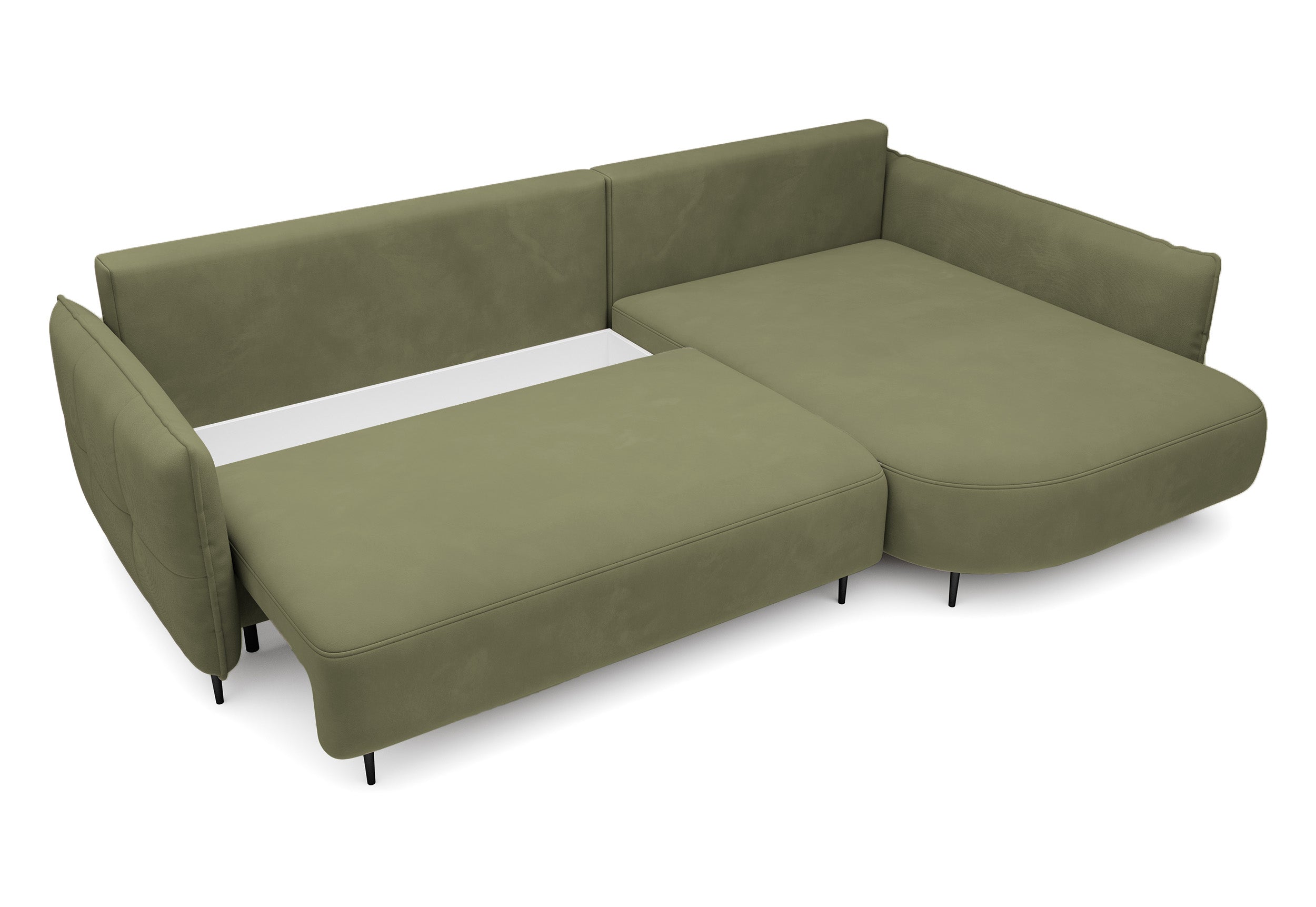 Ecksofa Oblivio mit Schlaf-Funktion, L-förmig, mit Stauraum, olivgrüner Samt, rechtsseitig, wasserabweisend