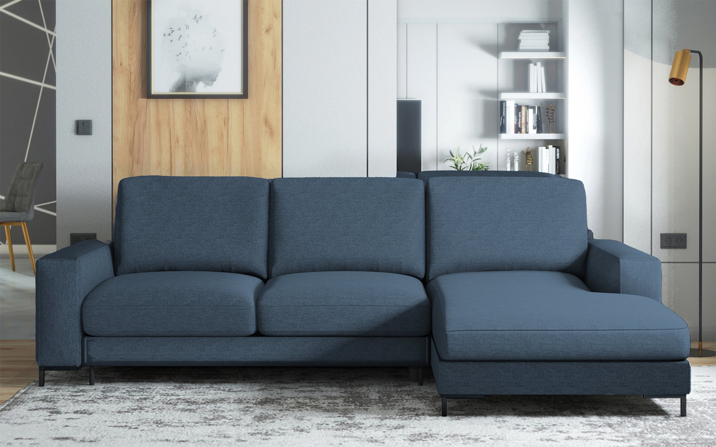 Ecksofa mit Schlaffunktion Mokpeo, L-förmig, mit zwei Aufbewahrungsboxen, schwarzen Füßen, marineblau, leicht zu reinigendes Geflecht, rechtsseitig