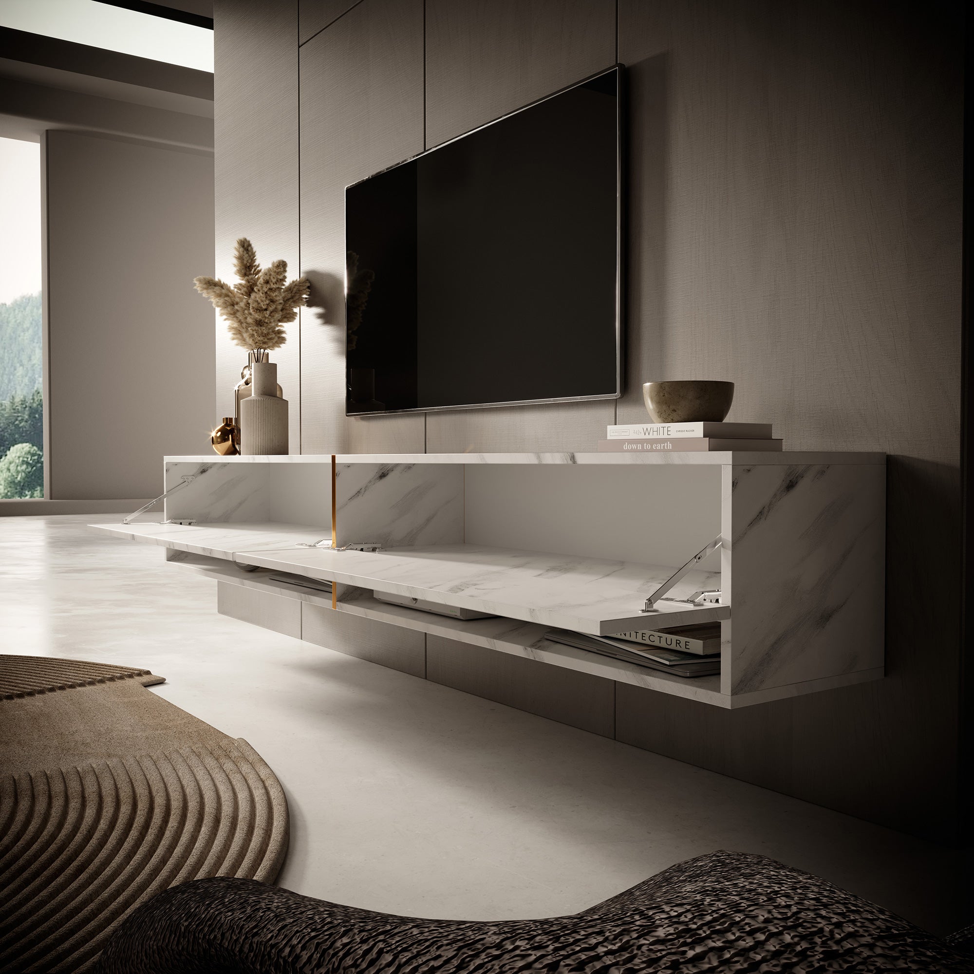TV-Schrank Mirrgo 200 cm weißer Marmor mit goldener Einlage