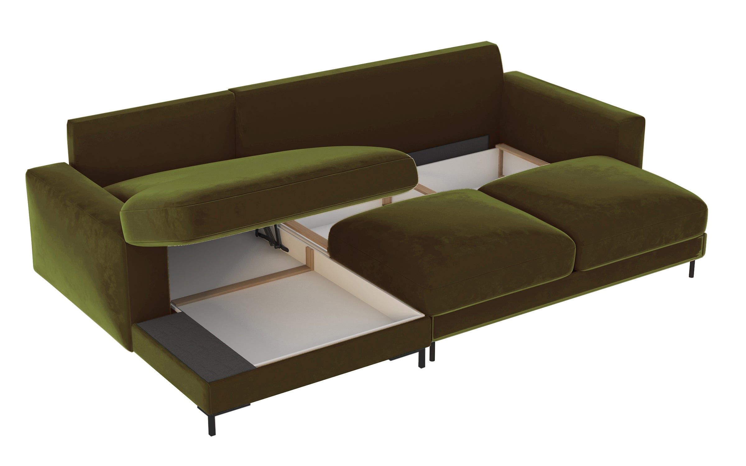 Ecksofa mit Schlaffunktion Mokpeo, L-förmig, mit zwei Stauraumfächern, schwarze Füße, olivfarbener Samt, linksseitig