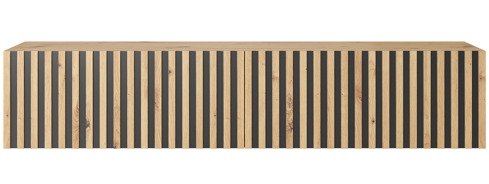 TV-Schrank Telire 138,6 cm Artisan-Eiche mit lamellenförmiger Front und schwarzen Einsätzen