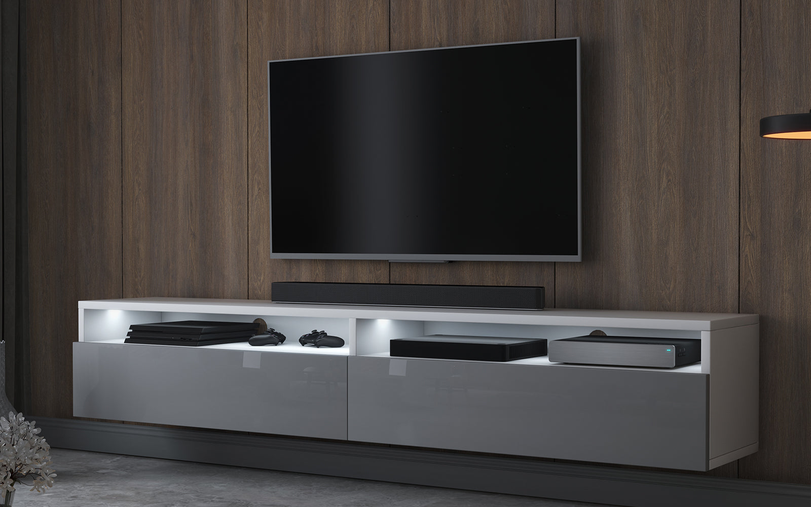TV-Schrank Rednaw 180 cm Weiß matt / Grau Hochglanz mit Beleuchtung