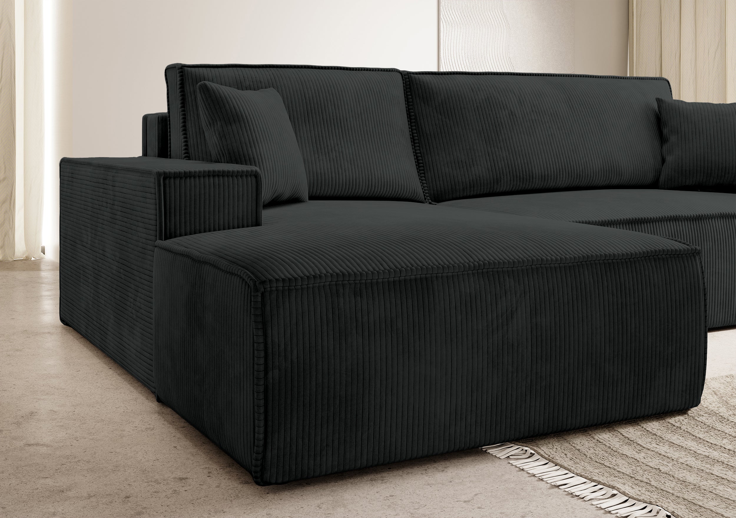 Ecksofa mit Schlaffunktion Farese New, L-förmig, mit Stauraum, schwarzer Cord, linksseitig