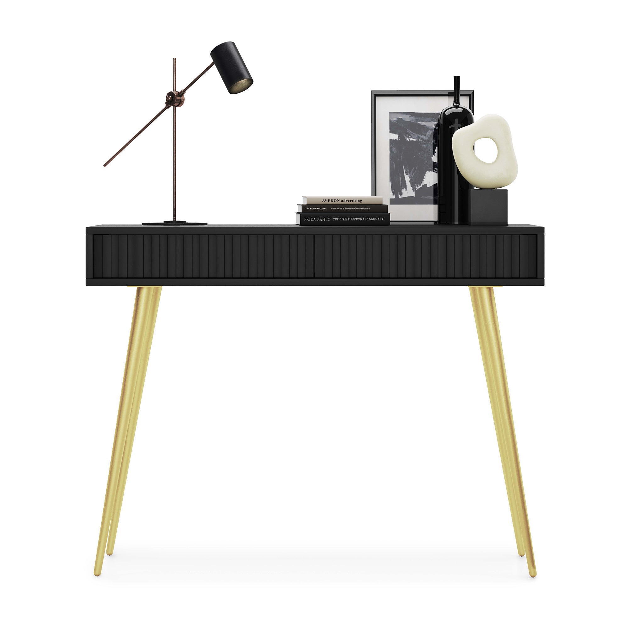 Schminktisch Bello 104 cm schwarz mit goldenen Beinen