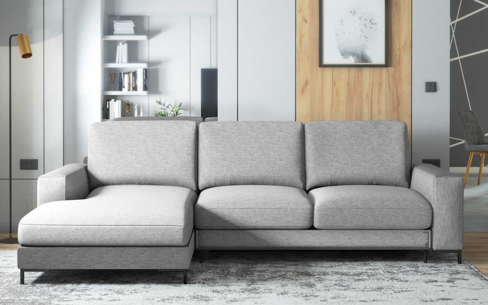 Ecksofa mit Schlaffunktion Mokpeo, L-förmig, mit zwei Stauraumfächern, schwarzen Füßen, hellgrau, aus pflegeleichtem Stoff, linksseitig