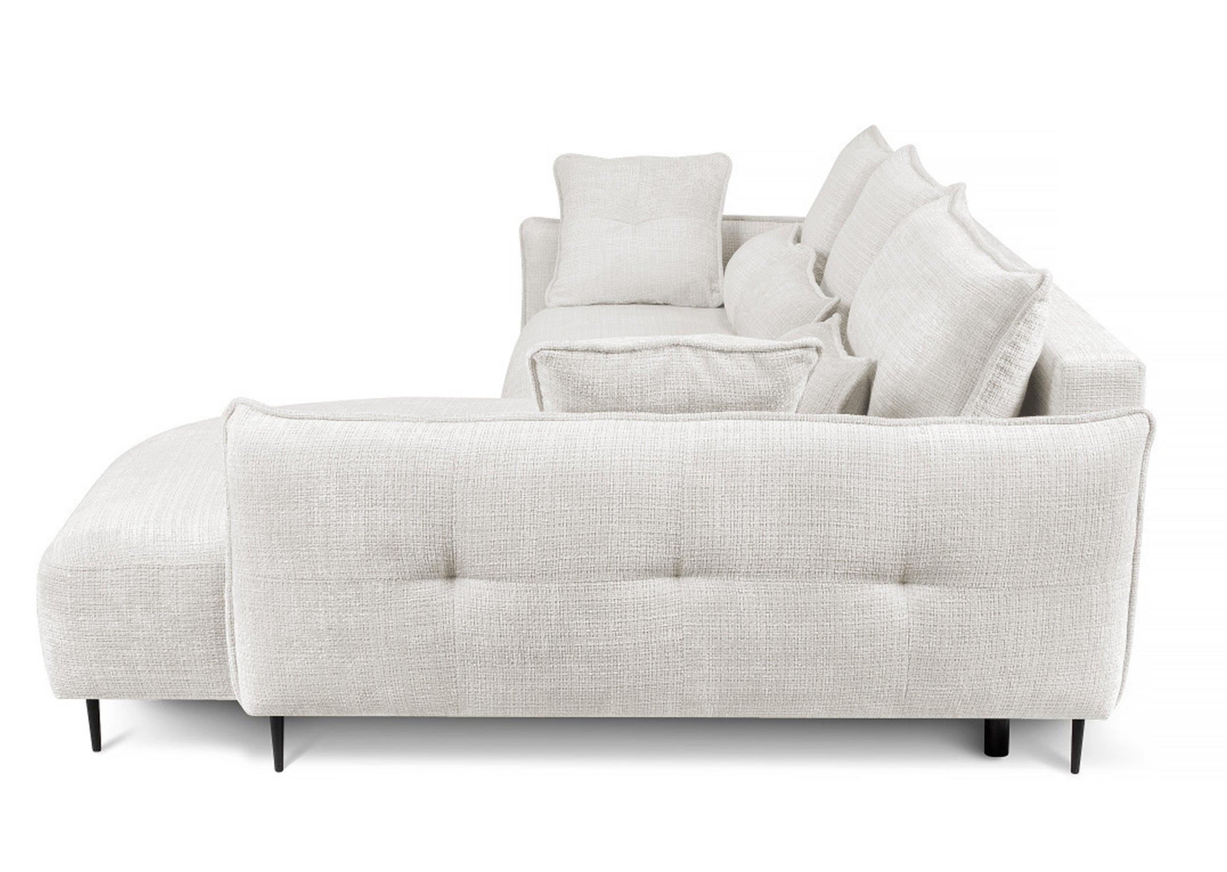 Ecksofa Oblivio mit Schlaffunktion, L-förmig, mit Stauraum, cremefarbener Chenille, rechtsseitig
