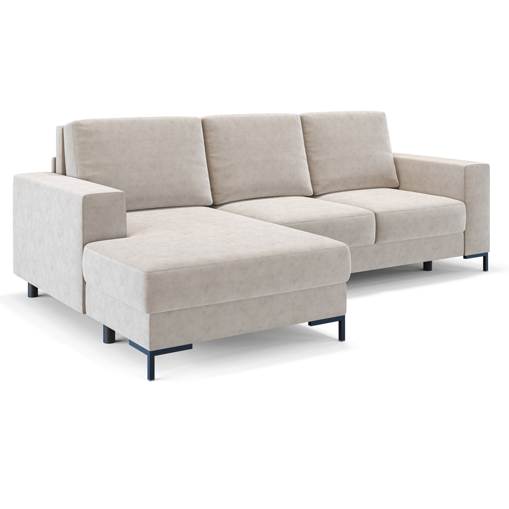 Ecksofa mit Schlaffunktion Mokpeo, L-förmig, mit zwei Stauraumfächern, auf schwarzen Füßen, beige Cordstoff, linksseitig