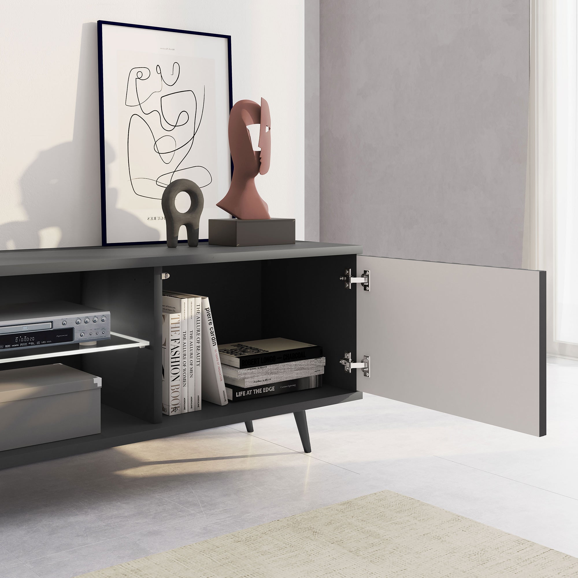TV-Schrank Bello mit Lamellenfronten, 175 cm, schwarz, mit LED und schwarzen Beinen