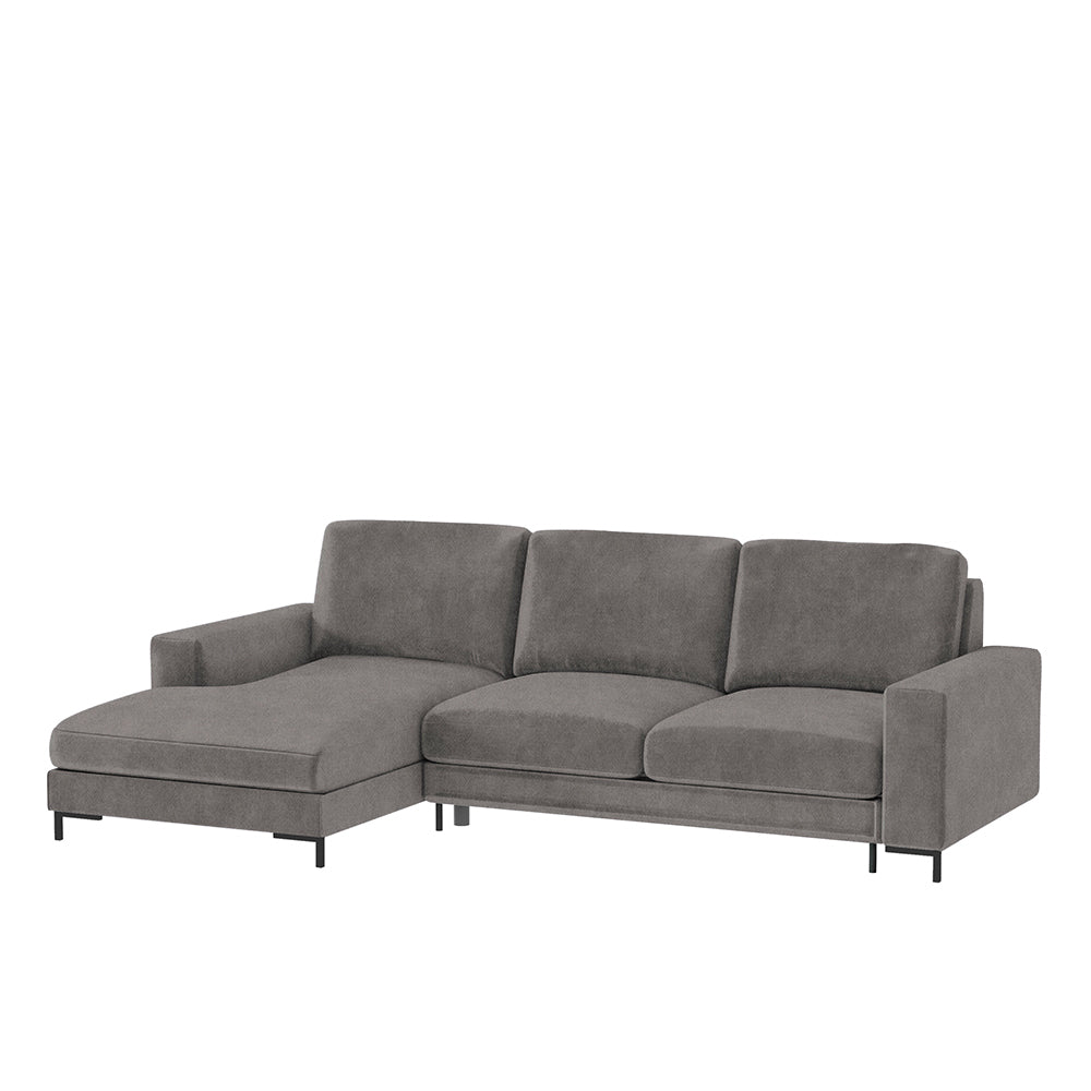 Ecksofa mit Schlaffunktion Mokpeo, L-förmig, mit zwei Stauraumfächern, auf schwarzen Füßen, dunkelgrau, aus pflegeleichtem Stoff, linksseitig