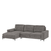 Ecksofa mit Schlaffunktion Mokpeo, L-förmig, mit zwei Stauraumfächern, auf schwarzen Füßen, dunkelgrau, aus pflegeleichtem Stoff, linksseitig