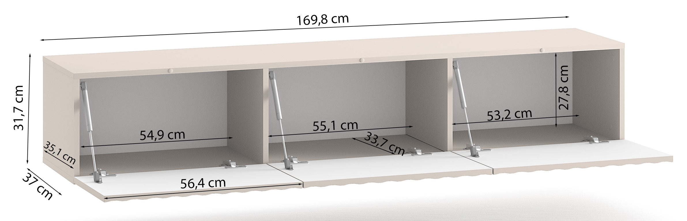 Hängender TV-Schrank Derriva mit geriffelten Fronten, 170 cm, Kaschmirfarben