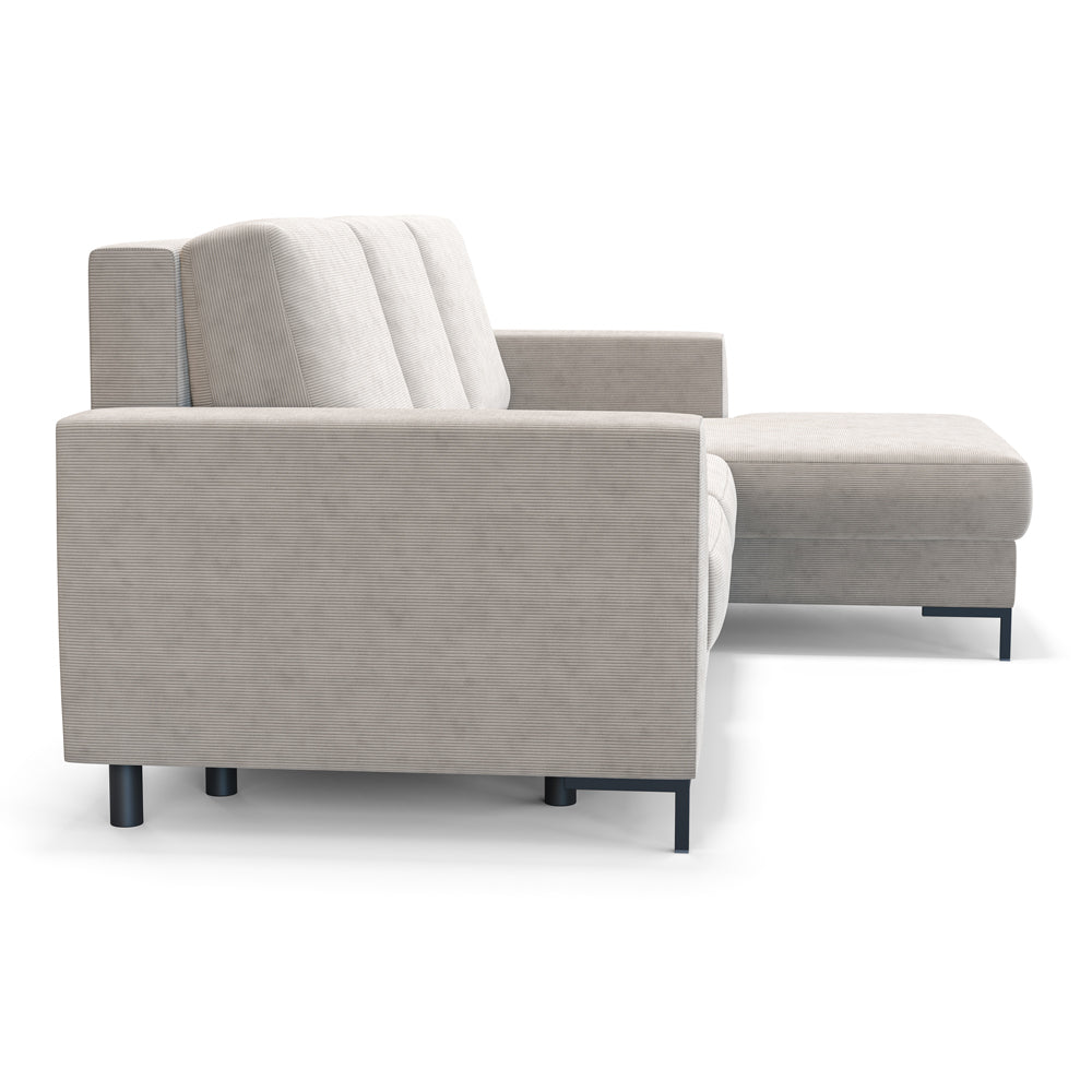 Ecksofa mit Schlafunktion Mokpeo, L-förmig, mit zwei Stauraumfächern auf schwarzen Füßen, beige Cordstoff, rechtsseitig