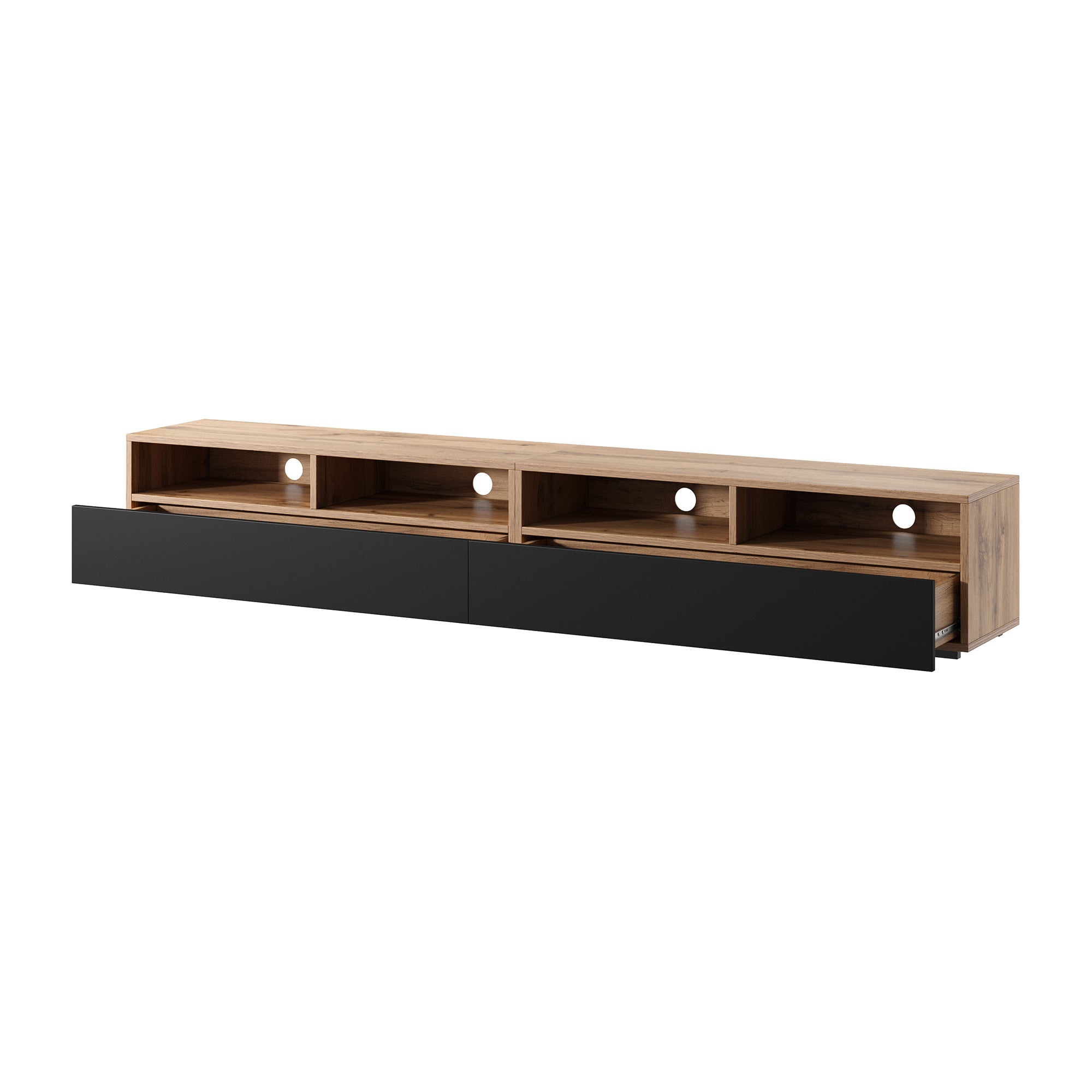 TV-Schrank mit zwei Schubladen Rednaw 200 cm Wotan-Eiche / Hochglanz Schwarz mit Beleuchtung