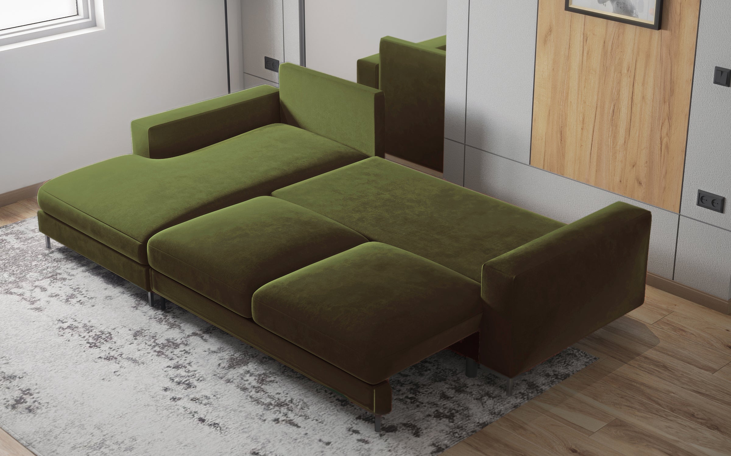 Ecksofa mit Schlaffunktion Mokpeo, L-förmig, mit zwei Stauraumfächern, schwarze Füße, olivfarbener Samt, linksseitig