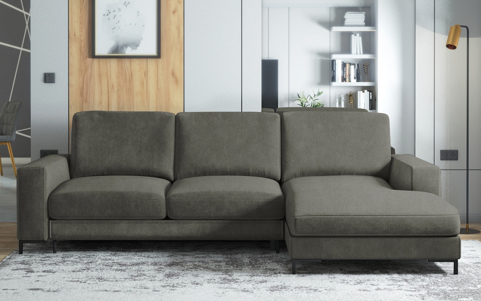 Ecksofa mit Schlaffunktion Mokpeo, L-förmig, mit zwei Stauraumfächern, auf schwarzen Füßen, grün, aus pflegeleichtem Stoff, rechtsseitig