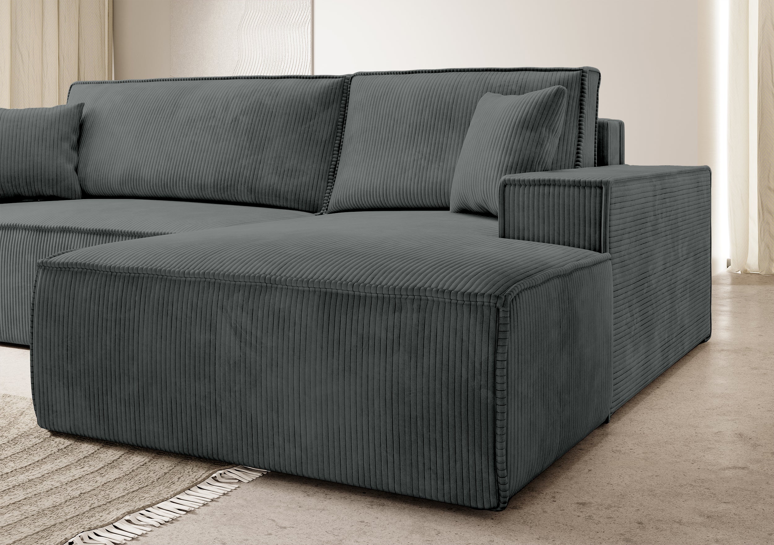Ecksofa mit Schlaffunktion Farese New L-förmig mit Stauraum, grauer Cordstoff, rechtsseitig