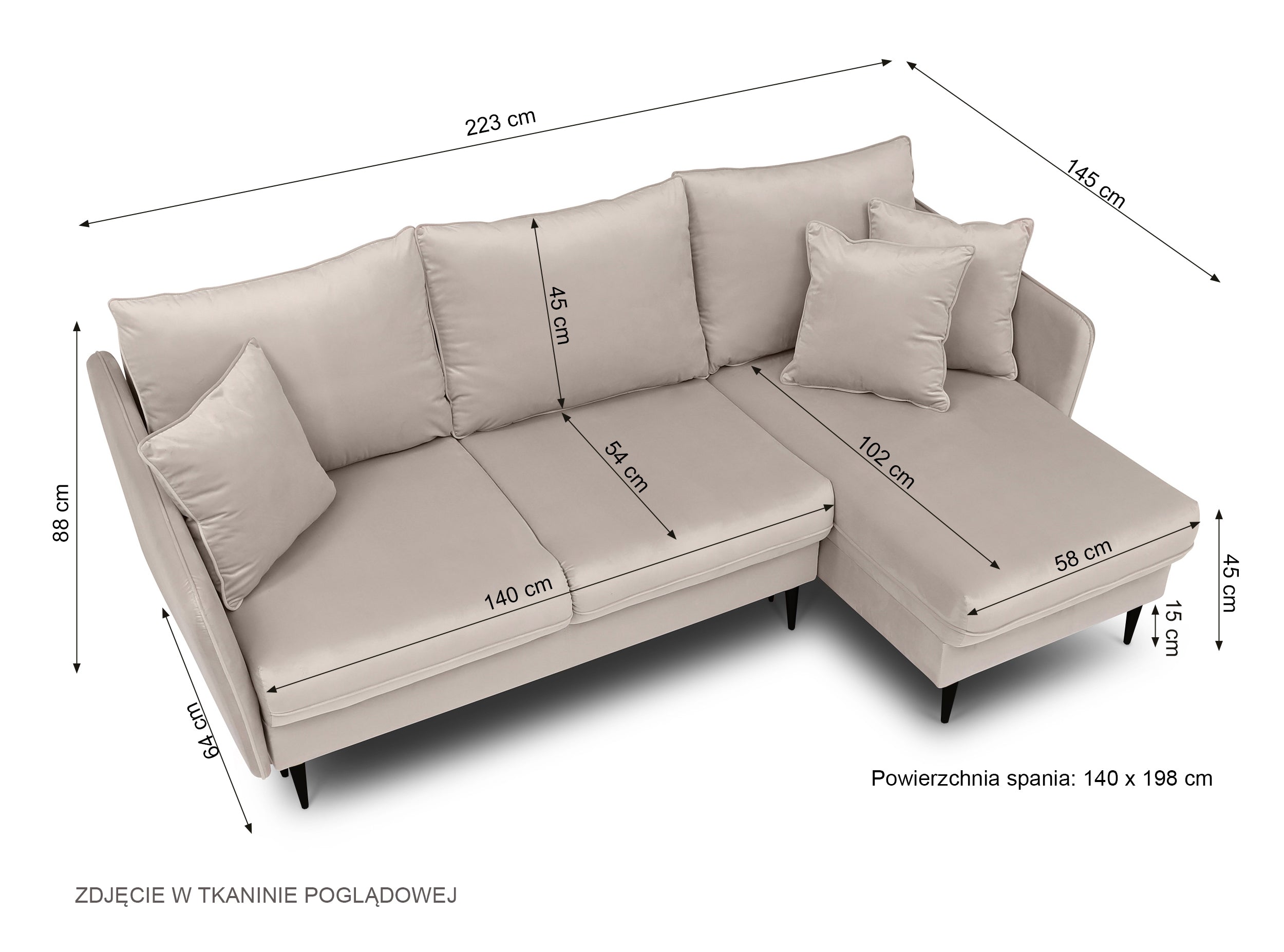 Ecksofa mit Schlaffunktion Volio, samtig blau, wasserabweisend, goldene Beine